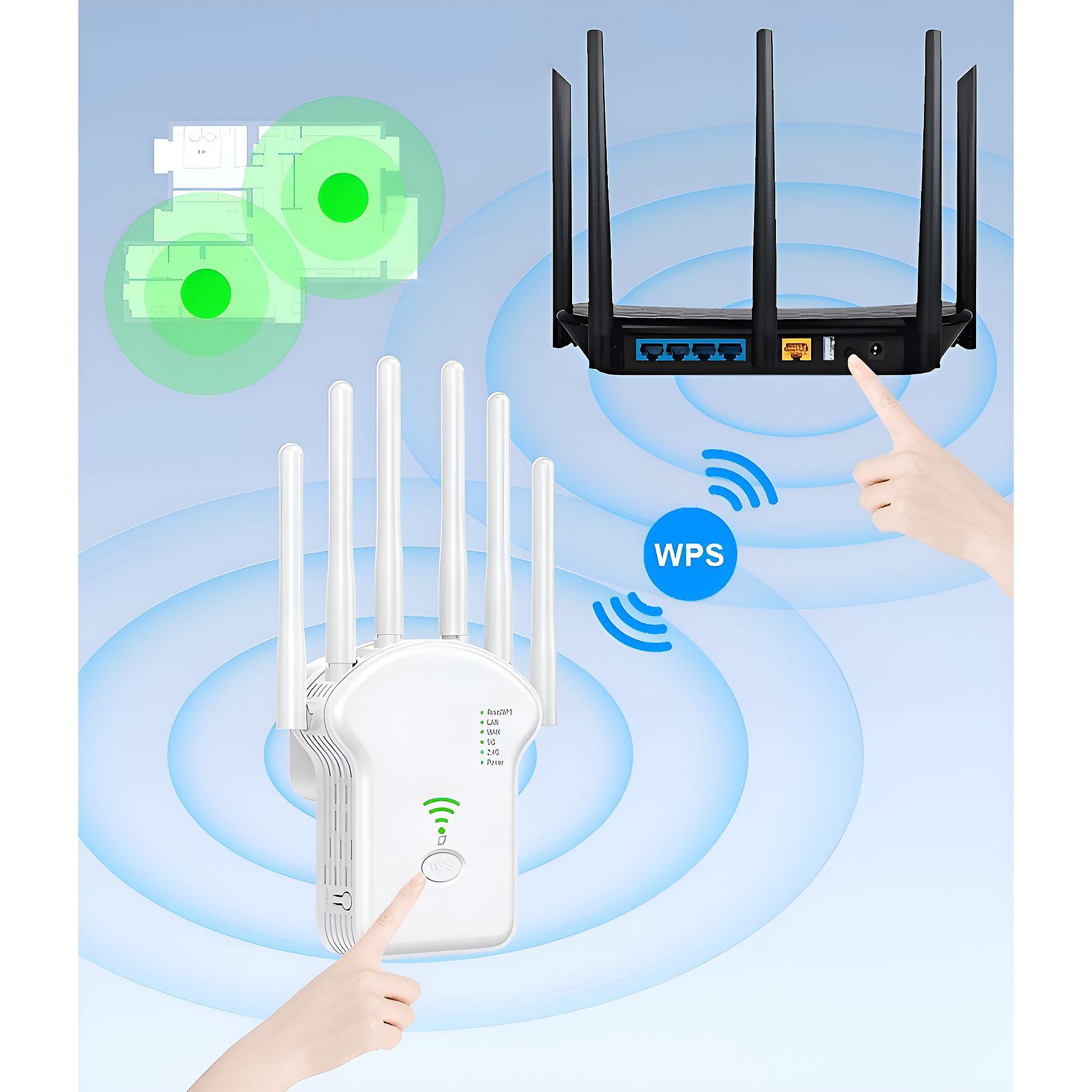 Das Bild zeigt einen WLAN-Repeater und -Router. Hände drücken Knöpfe. Grüne Kreise zeigen WLAN-Abdeckung an.