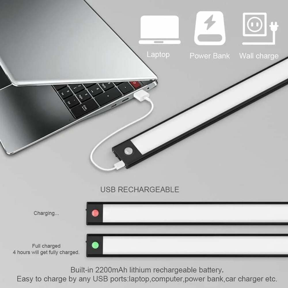 Ein Laptop lädt eine Lichtleiste. Symbole für Laptop, Powerbank und Wandladung werden angezeigt. Lade- und Vollladestatus werden angezeigt.