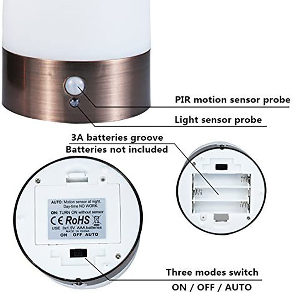 Ein Nachtlicht mit Bewegungssensor. Es hat drei Modi: ein, aus und automatisch. Zeigt Batteriefach, Sensor Sonden und Schalter.