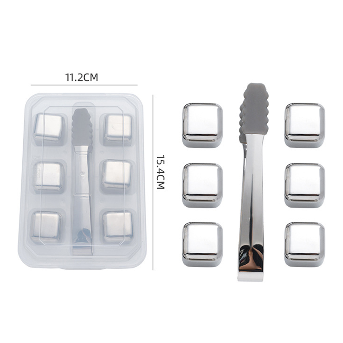 Set aus Edelstahl-Eiswürfeln mit Zange. Die Würfel befinden sich in einer durchsichtigen Plastikbox und werden auch separat angezeigt.