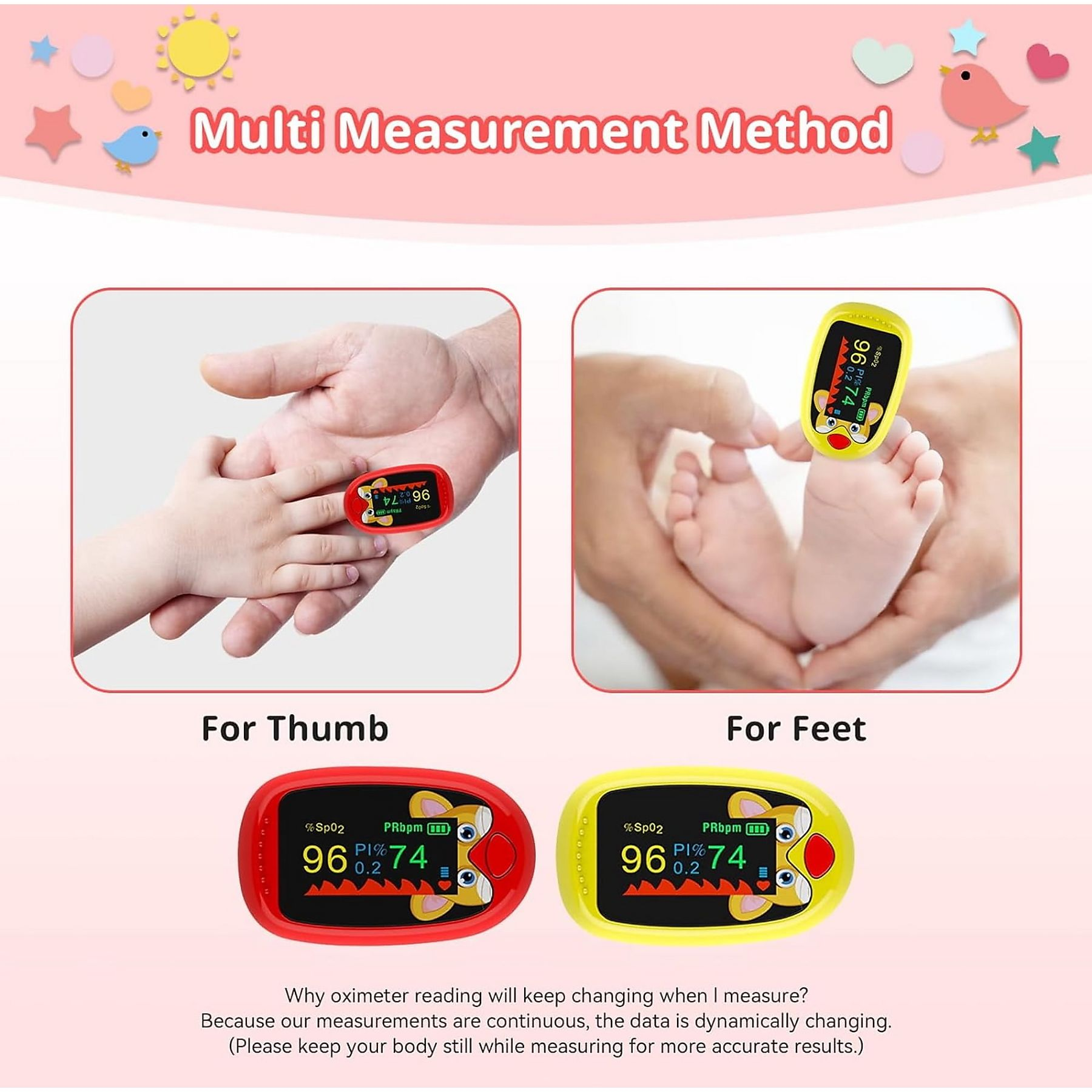 Das Bild zeigt ein Oximeter, das Puls und Sauerstoffgehalt an Daumen und Füßen misst. Zeigt Messwerte auf einem Gerät mit Cartoon-Gesicht an.