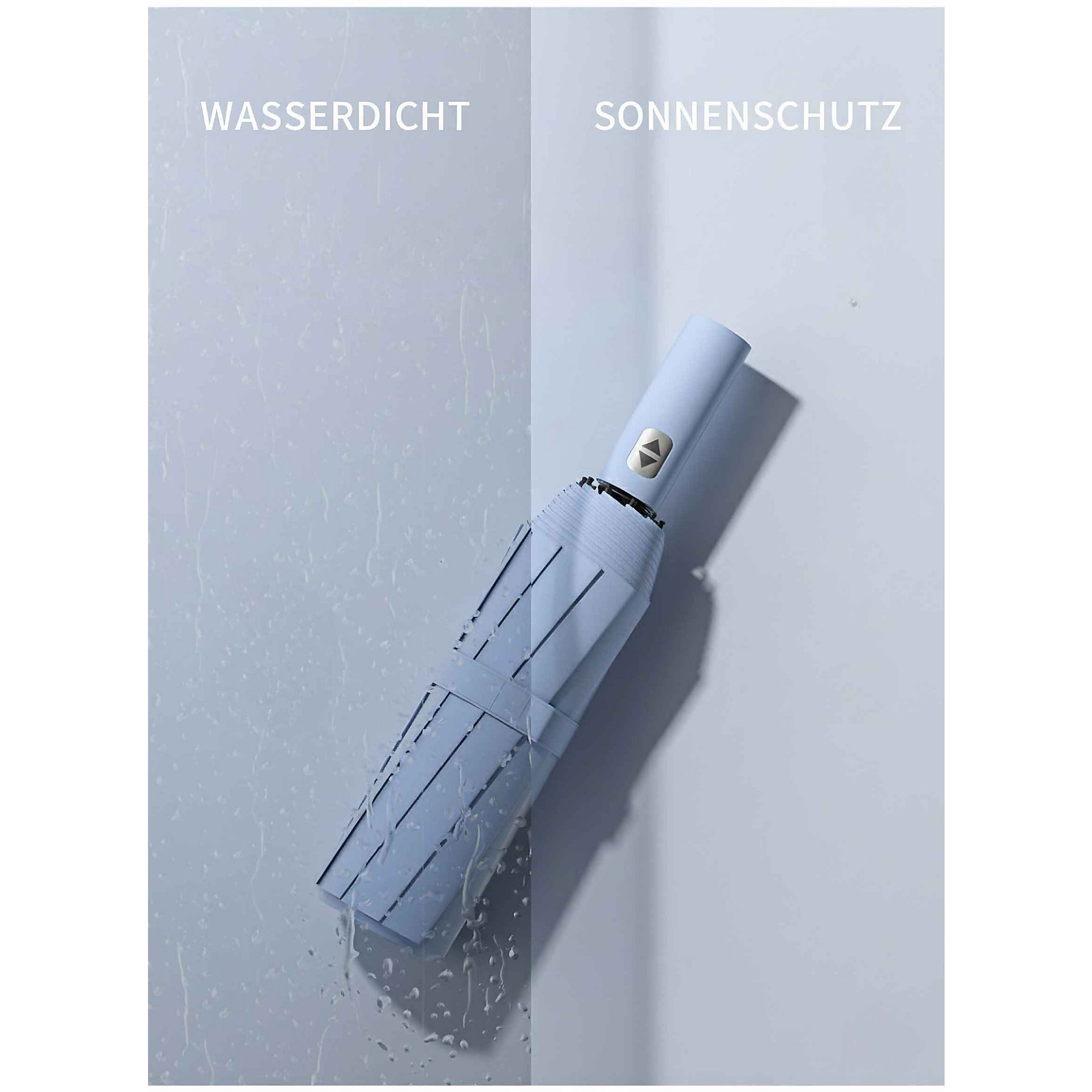 Ein blauer Regenschirm wird gezeigt. Die linke Seite zeigt Wasser, beschriftet mit 'Wasserdicht'. Die rechte Seite ist 'Sonnenschutz'.