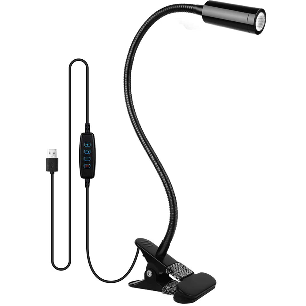 Eine schwarze USB-Schreibtischlampe zum Anklemmen. Sie hat einen flexiblen Hals, einen Lichtkopf und ein Bedienfeld am Kabel.