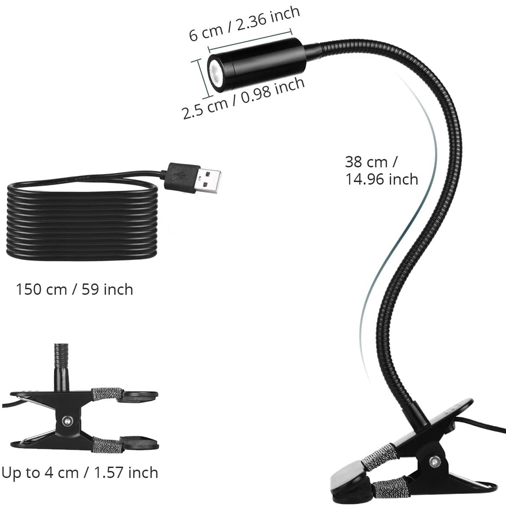Eine flexible schwarze LED-Schreibtischlampe mit Klemmfuß, USB-Kabel und Abmessungen in cm und Zoll.