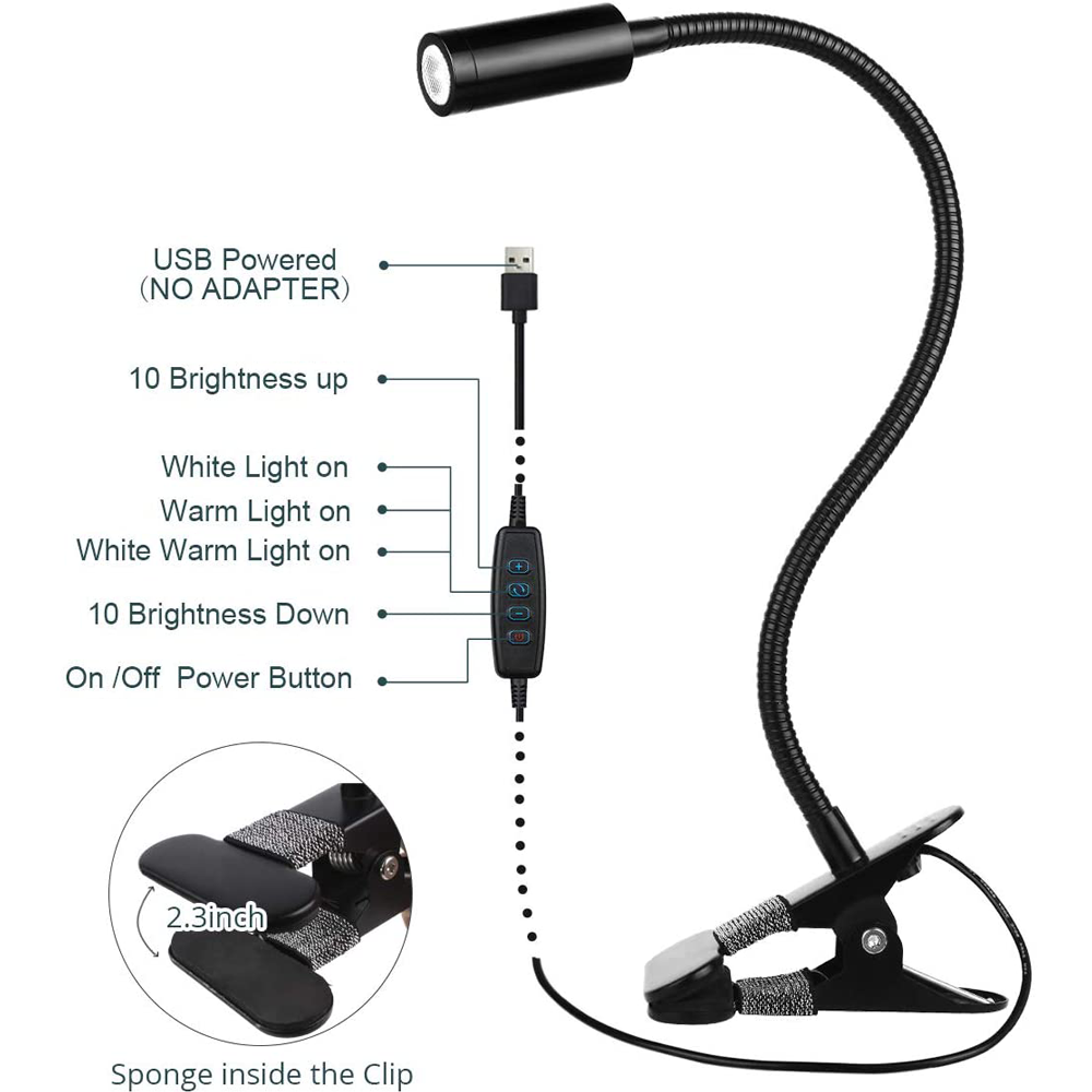 Schwarze Schreibtischlampe mit flexiblem Hals, Clip und USB-Stromversorgung. Sie verfügt über Helligkeits- und Lichtfarbenregler. Details sind gezeigt.
