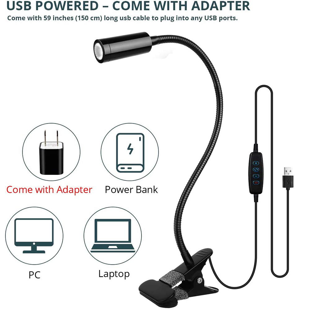 Eine flexible schwarze USB-Lampe mit Clip. Enthält Adapter, Powerbank, PC- und Laptop-Symbole. Text: USB-Stromversorgung - Mit Adapter geliefert.