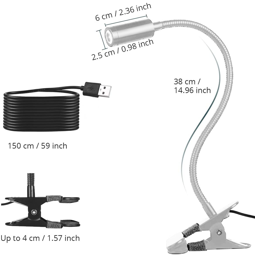 Eine flexible LED-Schreibtischlampe mit Maßangaben. Enthält ein USB-Kabel und einen Clip zur Befestigung. Maße in cm und Zoll.