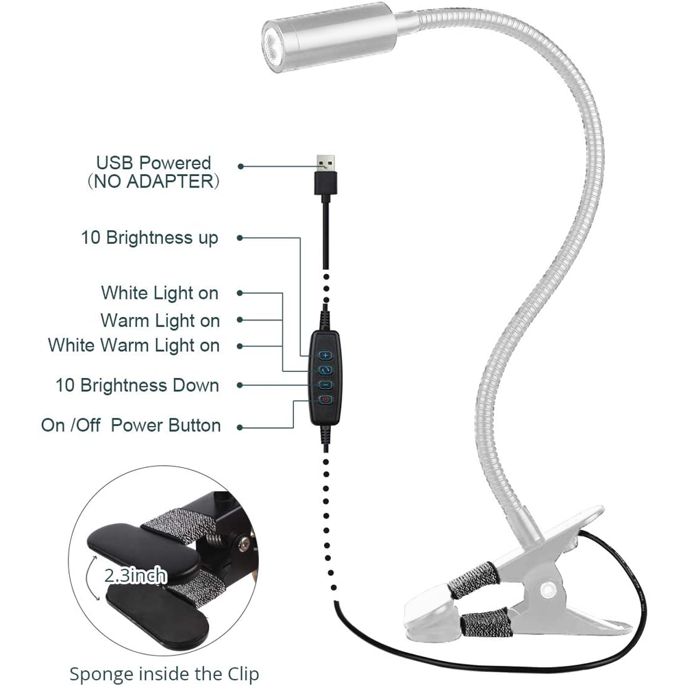 Eine flexible, USB-betriebene Schreibtischlampe mit Clip. Sie verfügt über Helligkeitsregler und Lichtmodi mit Beschriftungen.