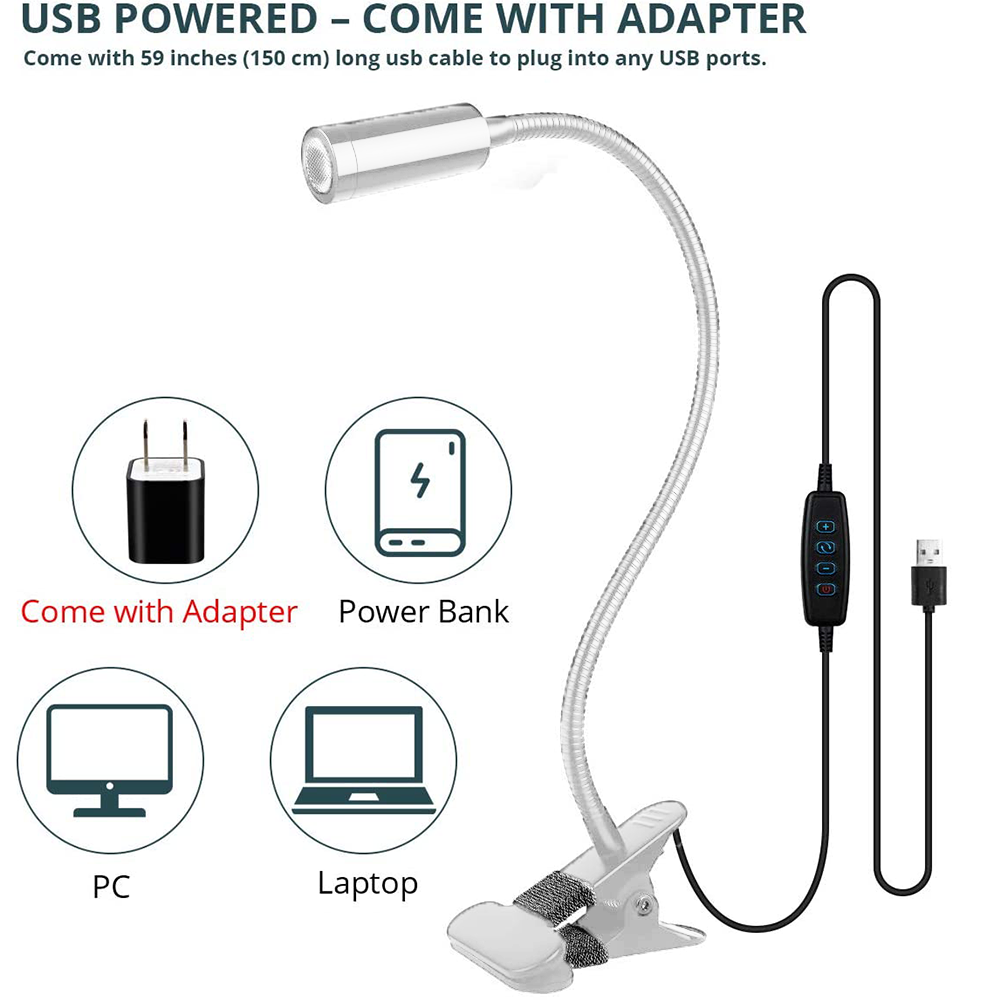 Eine flexible USB-LED-Lampe mit Clip, gezeigt mit Adapter, Powerbank, PC- und Laptop-Symbolen. Das Kabel ist 59 Zoll lang.