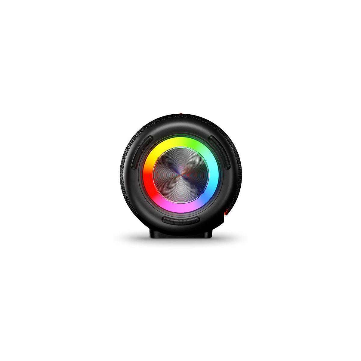 Un altoparlante nero con un anello di luce color arcobaleno. L'altoparlante è cilindrico con un centro argentato. Lo sfondo è bianco.