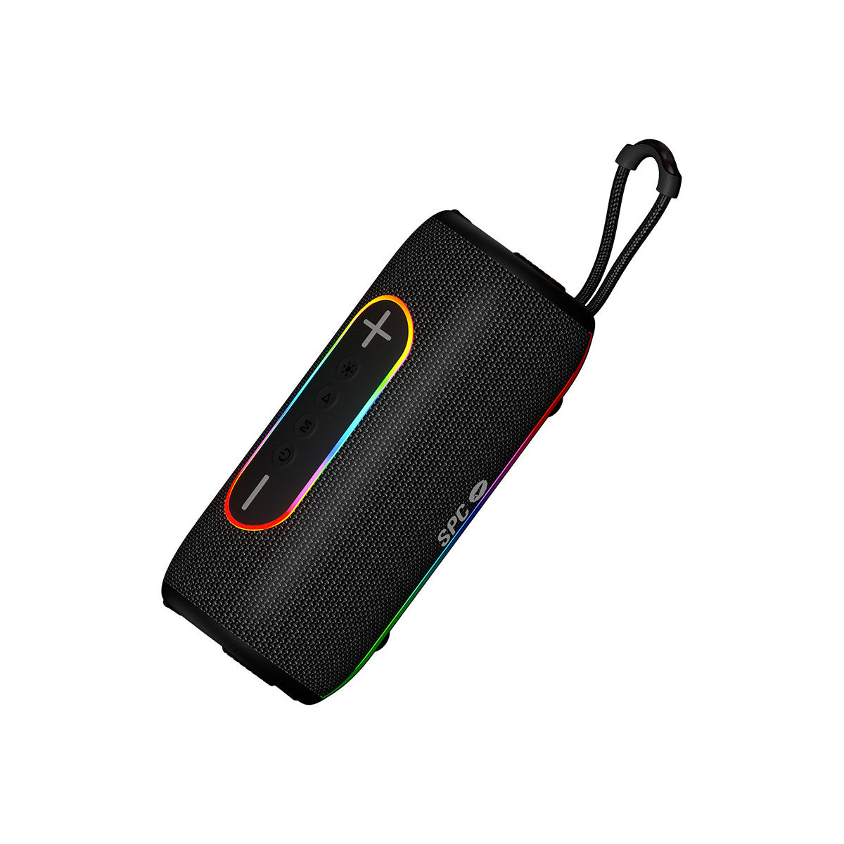 Altoparlante rettangolare nero con pulsanti di controllo e accenti luminosi colorati. Ha una maniglia e il marchio 'SPC'.
