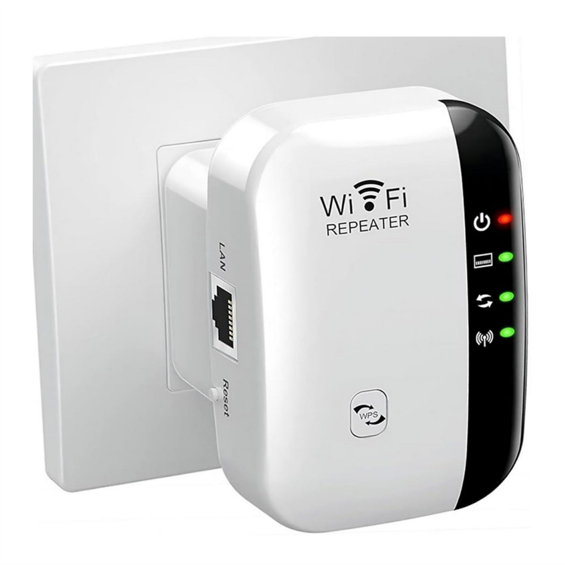 Ein weißer WLAN-Repeater, der an eine Steckdose angeschlossen ist, mit Kontrollleuchten und LAN-Anschluss. Schwarze Akzente und WPS-Taste sind sichtbar.