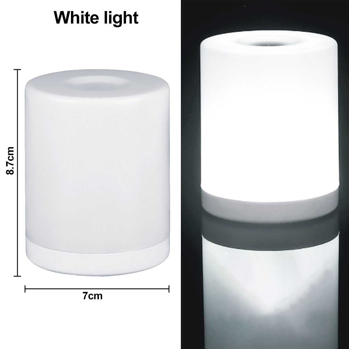 Eine weiße zylindrische Lampe ist abgebildet. Abmessungen sind angegeben: 8,7 cm hoch, 7 cm Durchmesser. Die Lampe leuchtet und hat eine Reflexion.