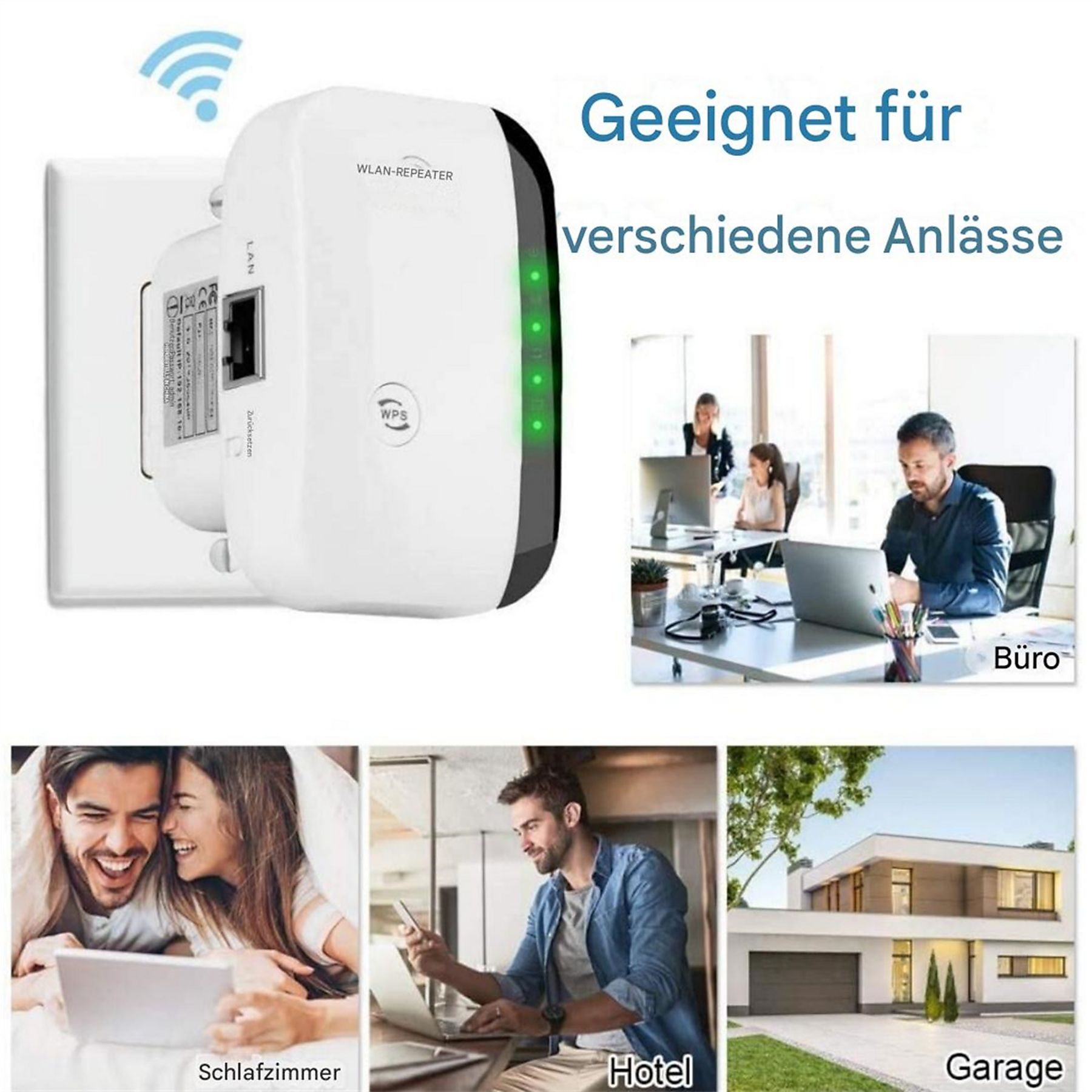 Ein weißer WLAN-Repeater in einer Steckdose mit Bildern von Zuhause, Büro und Hotel.