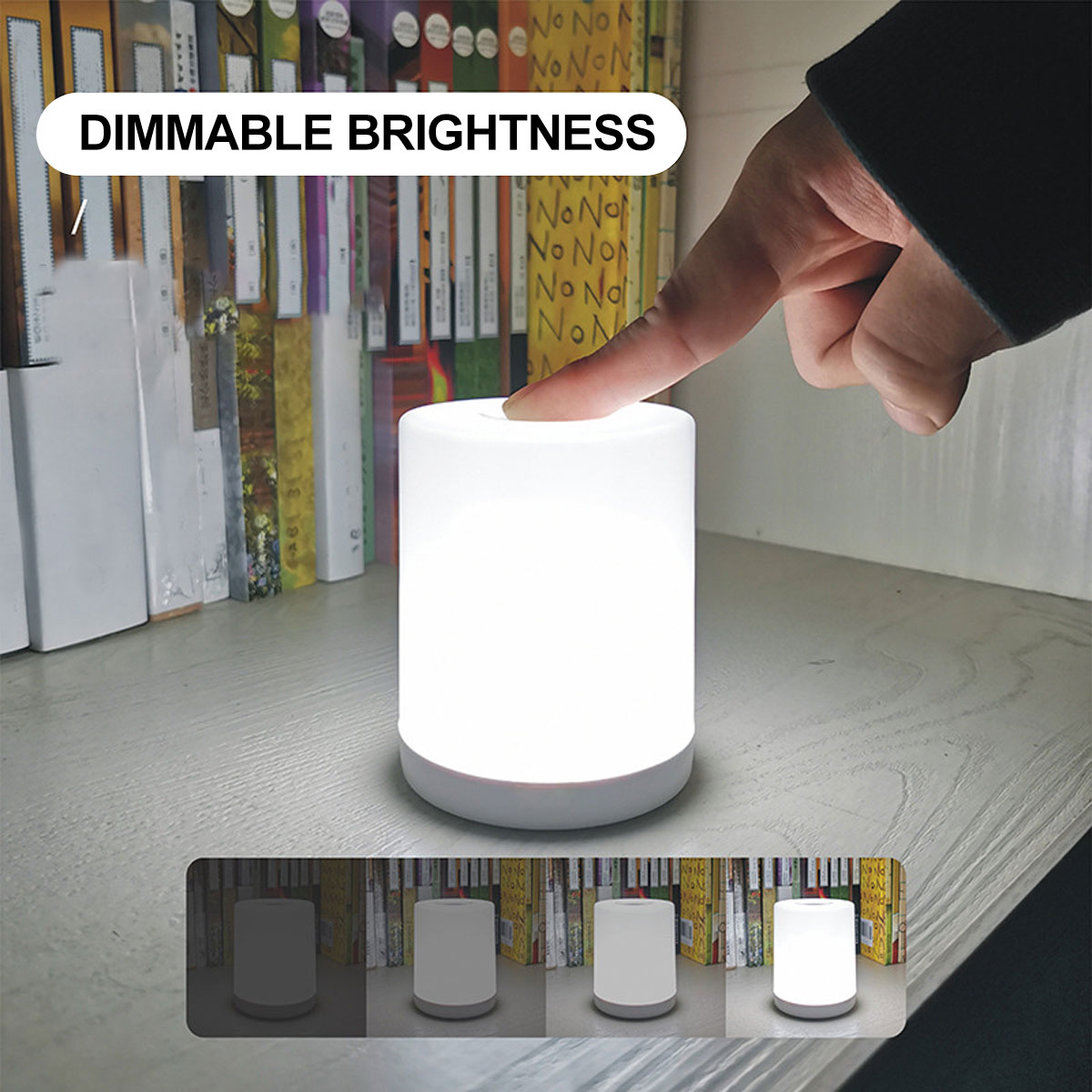 Eine Hand berührt eine leuchtende Zylinderlampe. Die Lampe steht auf einem Regal mit Büchern. Darunter zeigen Bilder Dimmoptionen.