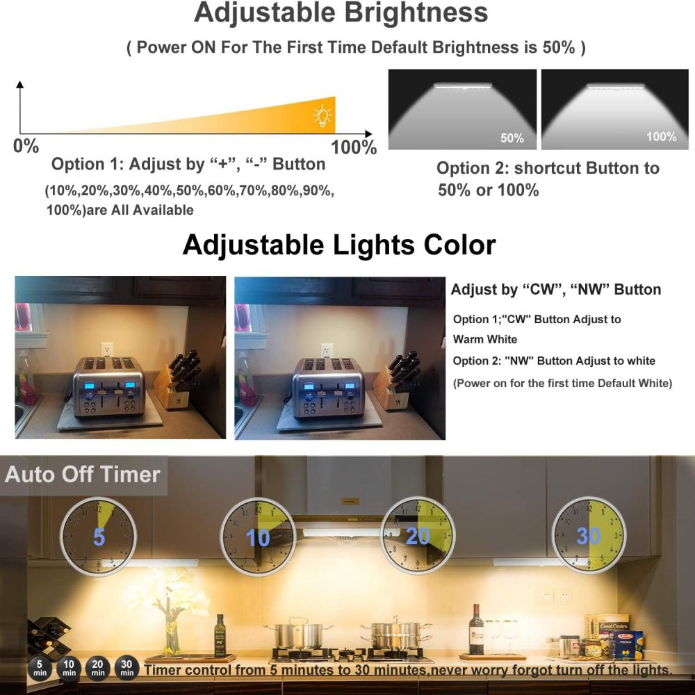 Diagramm zeigt Optionen für einstellbare Helligkeit und Lichtfarbe. Küchenszene mit Timereinstellungen und verschiedenen Geräten.
