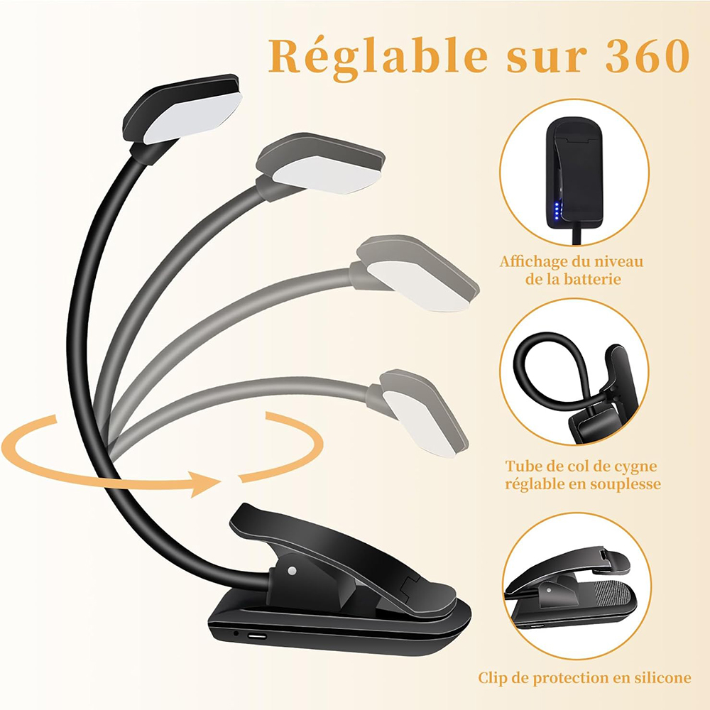 Una lampada da lettura flessibile con testa e clip regolabili. Include indicatore livello batteria e protezione in silicone.