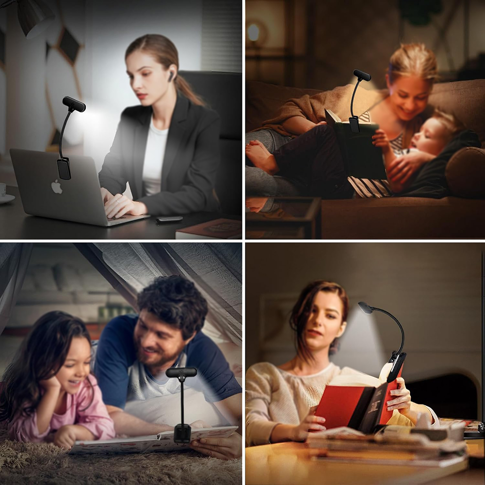 Quattro scene mostrano persone che usano una lampada da lettura. Donna che lavora al computer portatile, madre che legge al bambino, persone che leggono un libro.