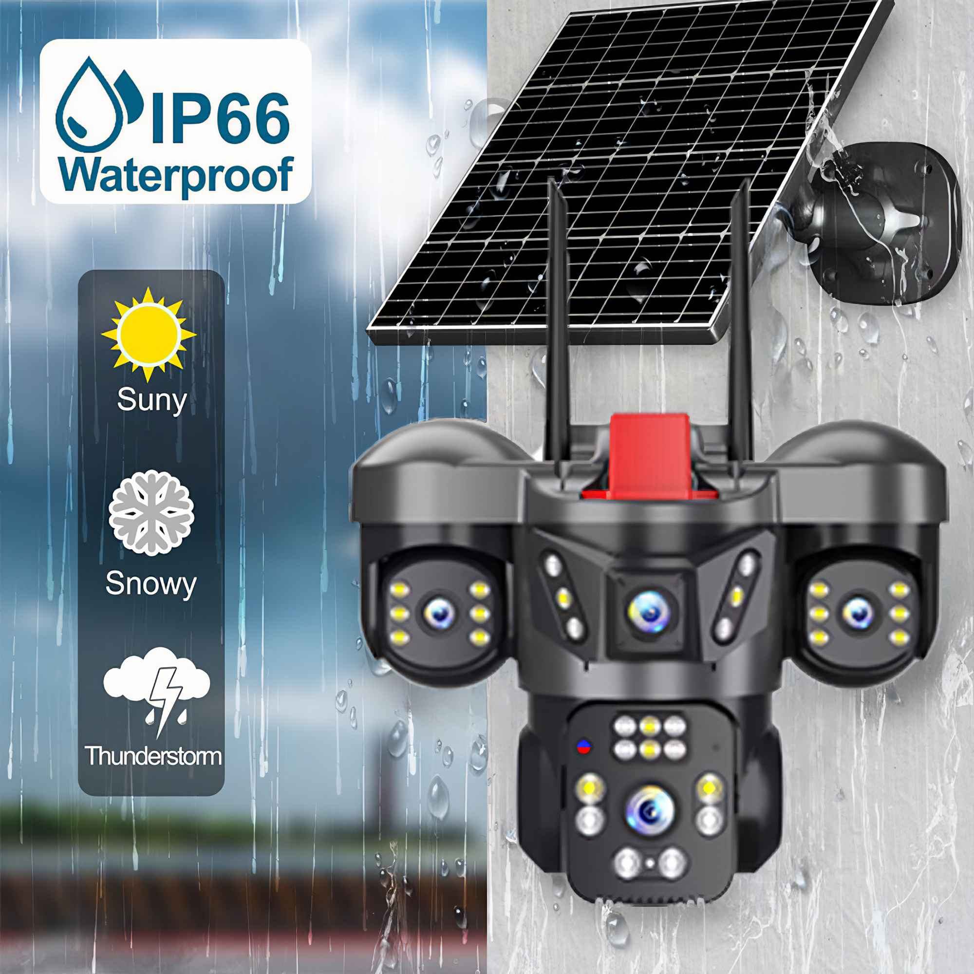 Schwarze Überwachungskamera mit Solarpanel. Zeigt Wettersymbole: Sonne, Schnee, Gewitter. Wasserdicht IP66.