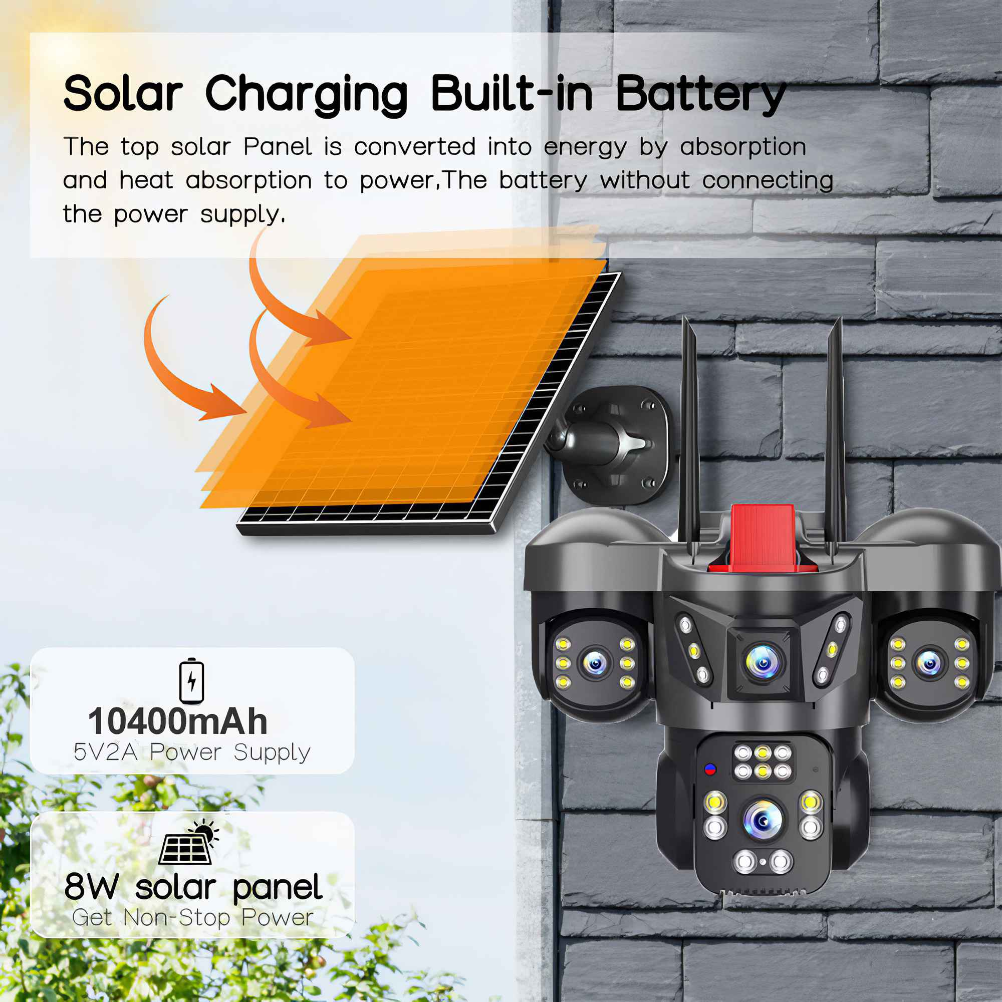Überwachungskamera mit Solarpanel, Akku und Textbeschreibungen. Die Kamera ist an einer strukturierten Wand montiert.