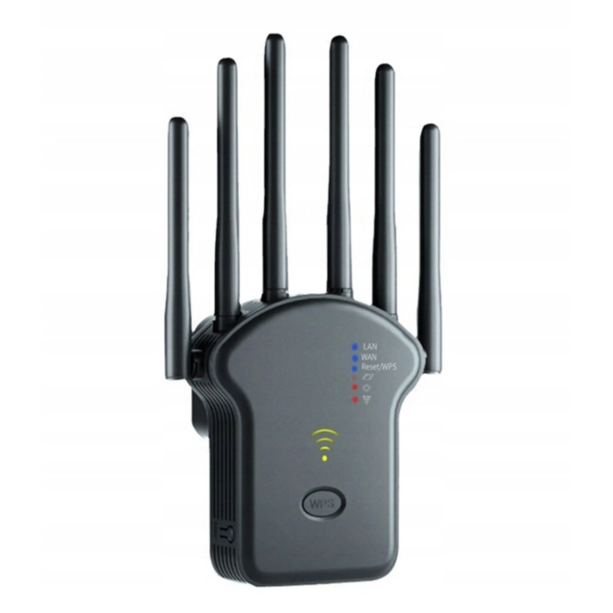 Ein grauer WLAN-Repeater mit sechs schwarzen Antennen. Er hat Kontrollleuchten und eine WPS-Taste. Weißer Hintergrund.