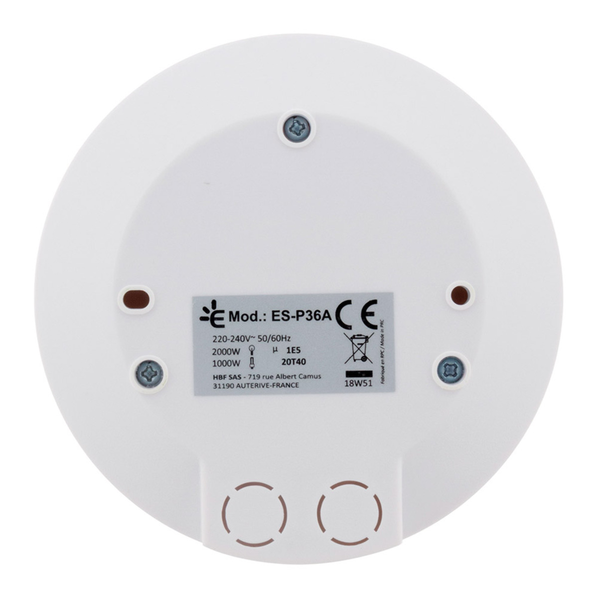 Ein weißes, kreisförmiges elektrisches Bauteil mit Text und Symbolen, darunter 'Mod.: ES-P36A', Spannungsinformationen und ein CE-Zeichen.