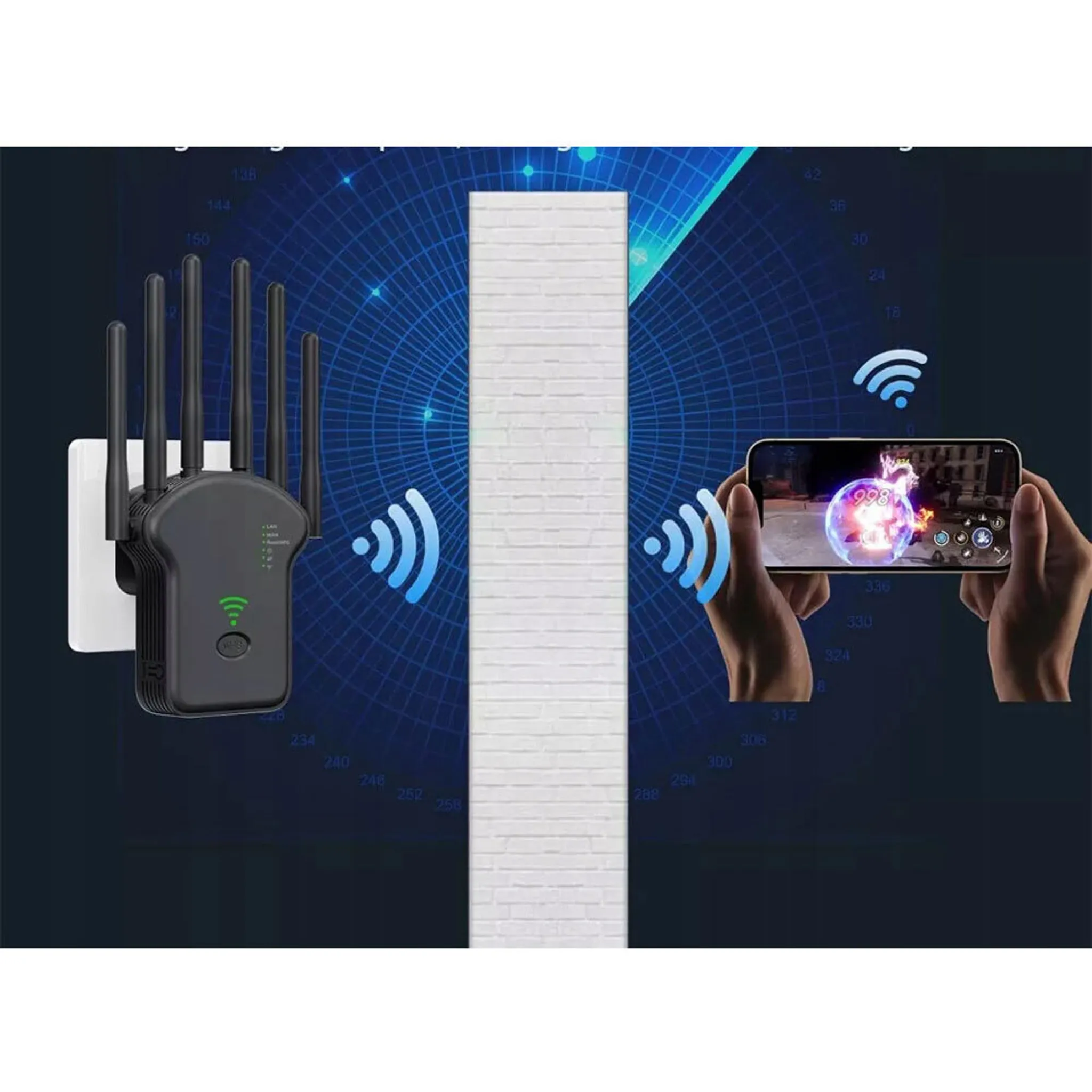 Ein WLAN-Verlängerer und ein Telefon, das ein Spiel zeigt, befinden sich auf blauem Hintergrund. In der Mitte des Bildes befindet sich eine weiße Ziegelmauer.