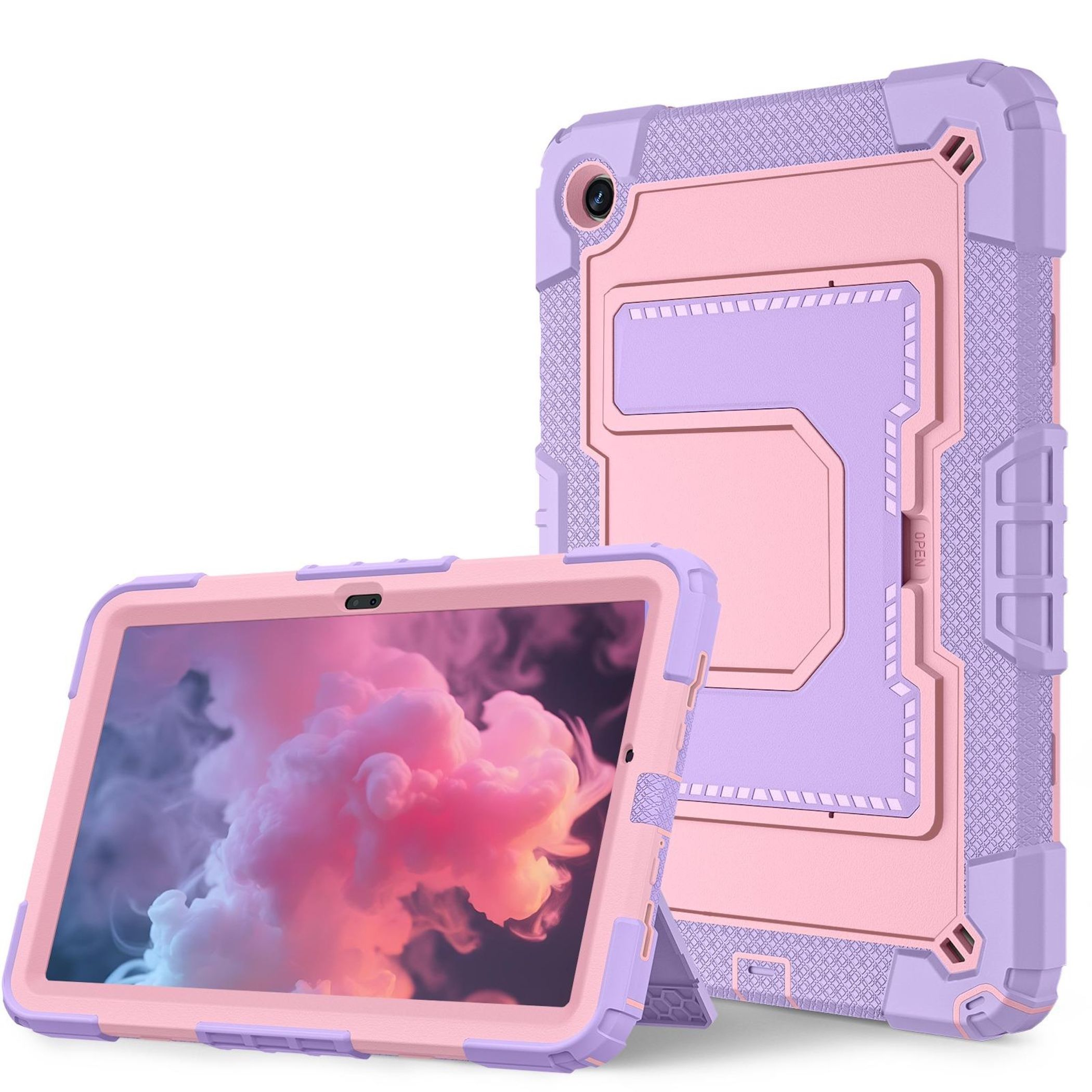 Rosa und lila Tablethülle mit einem Tablet darin. Die Hülle ist offen und hat einen Ständer.