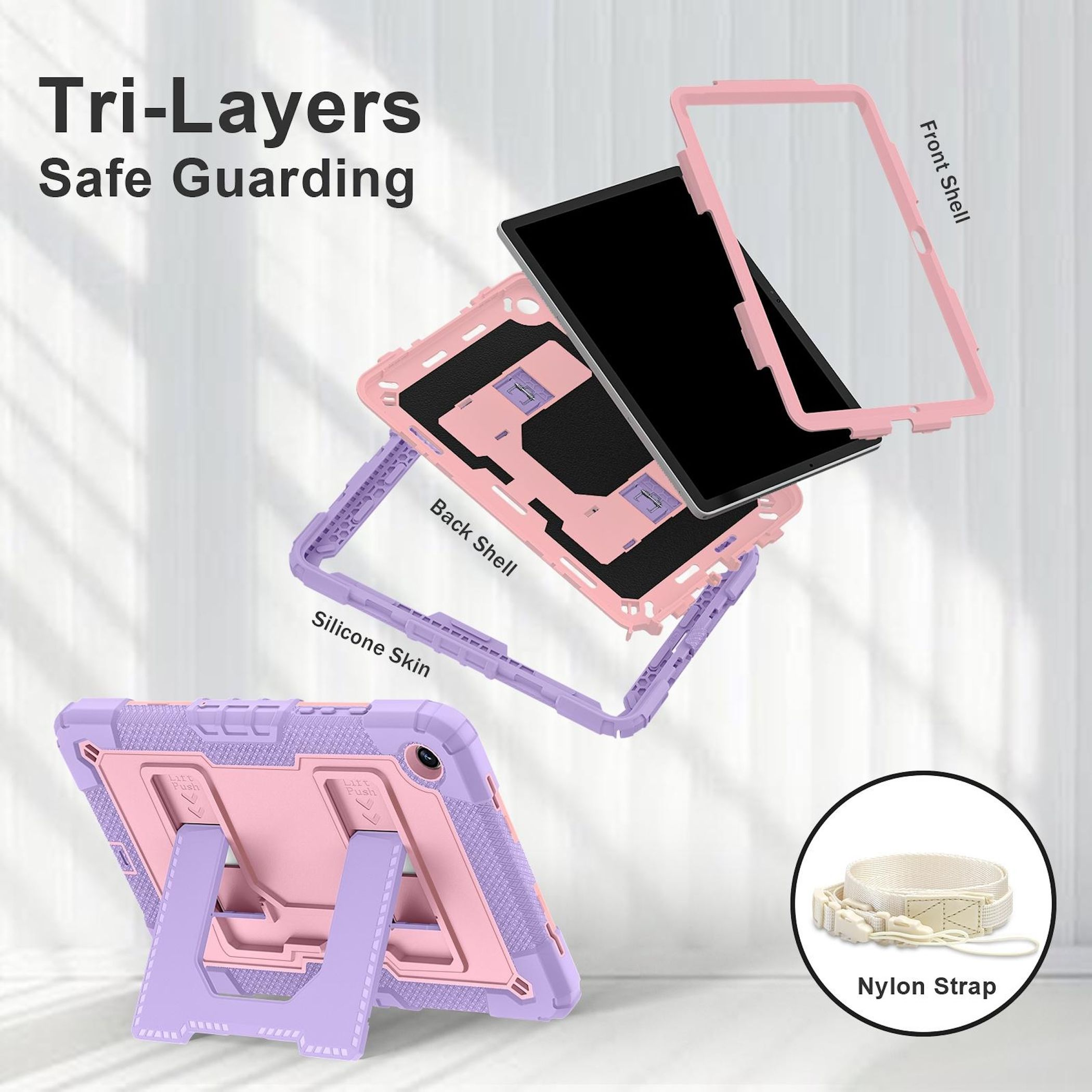 Explosionsansicht einer Tablet-Hülle. Es zeigt einen Bildschirm, einen rosa Rahmen, eine lila Rückseite, eine lila Haut und einen Nylonriemen.