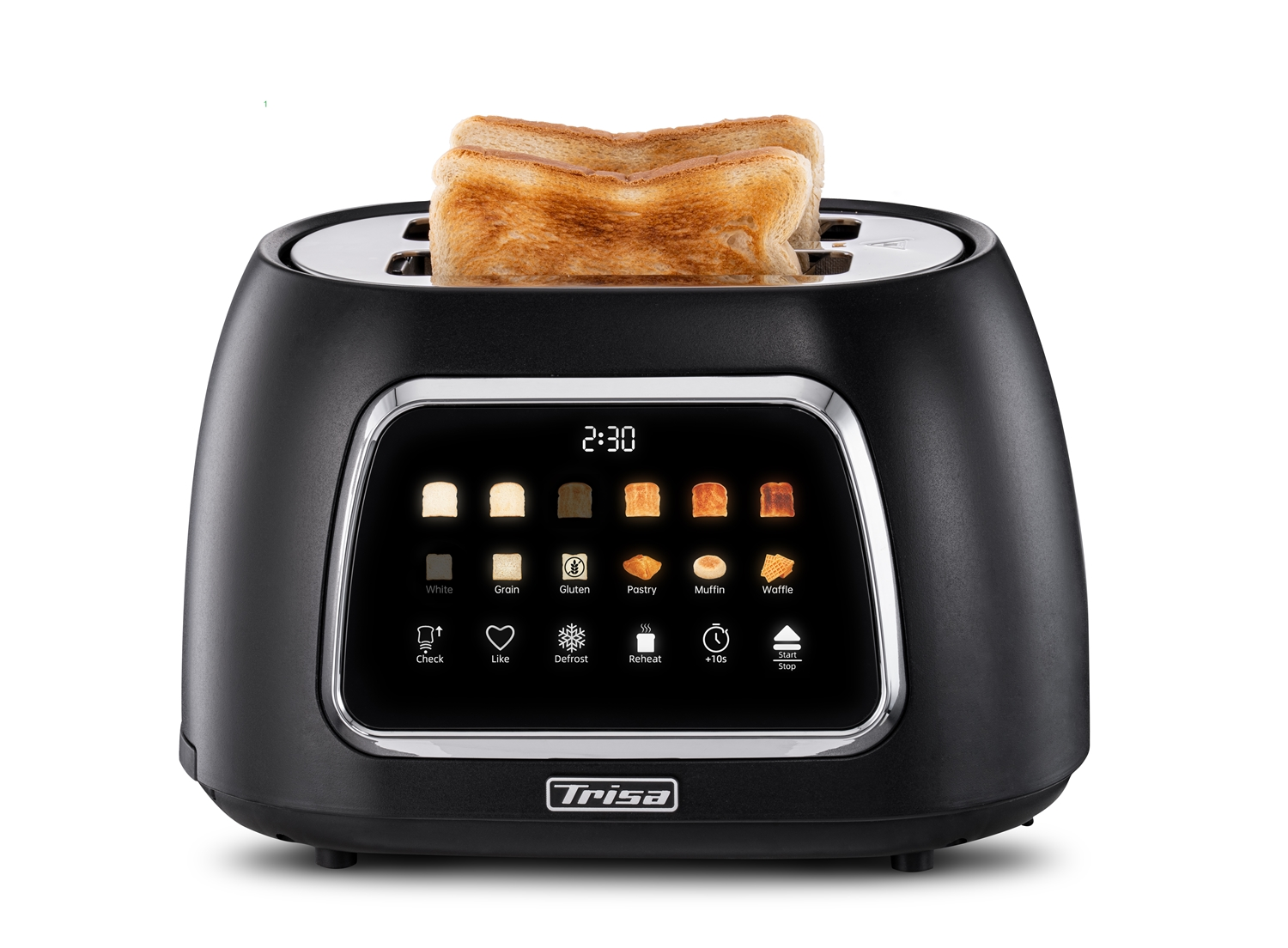 Ein schwarzer Toaster mit zwei Scheiben Toast. Er hat ein digitales Display und verschiedene Einstellungen.