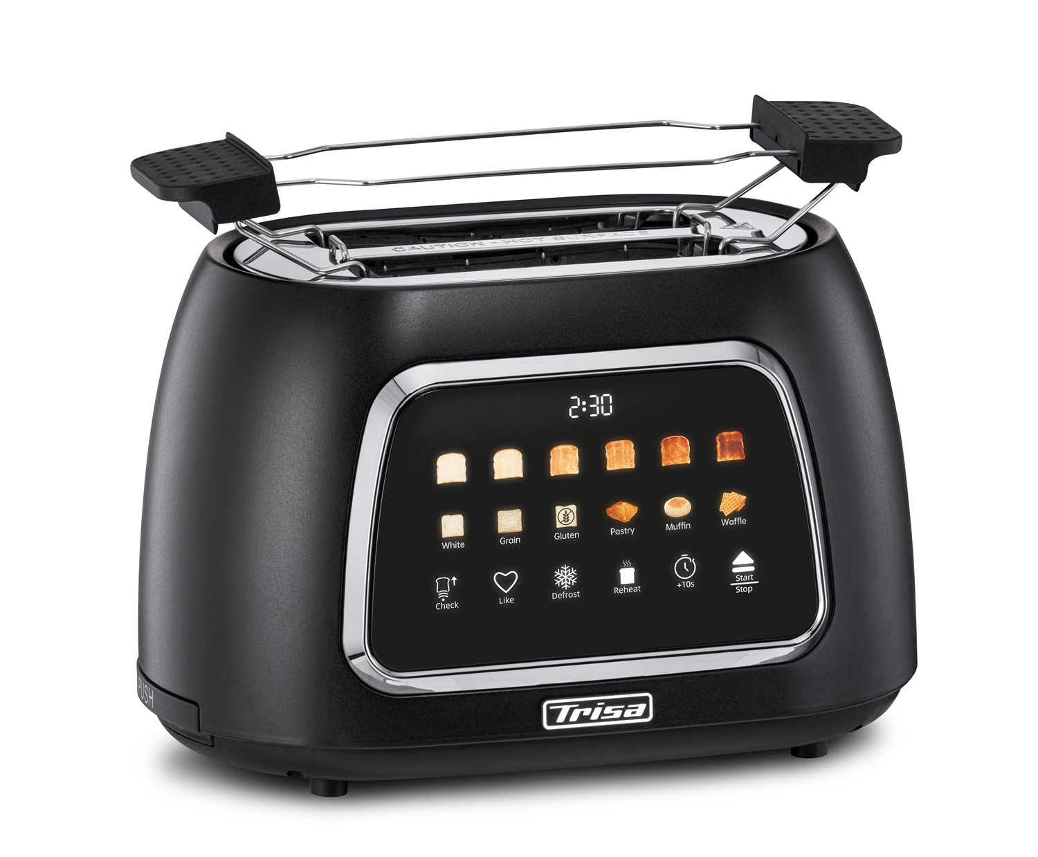 Ein schwarzer Toaster mit Digitalanzeige, die 2:30 zeigt. Er hat Optionen für Brotarten und Funktionen wie Auftauen und Aufwärmen.