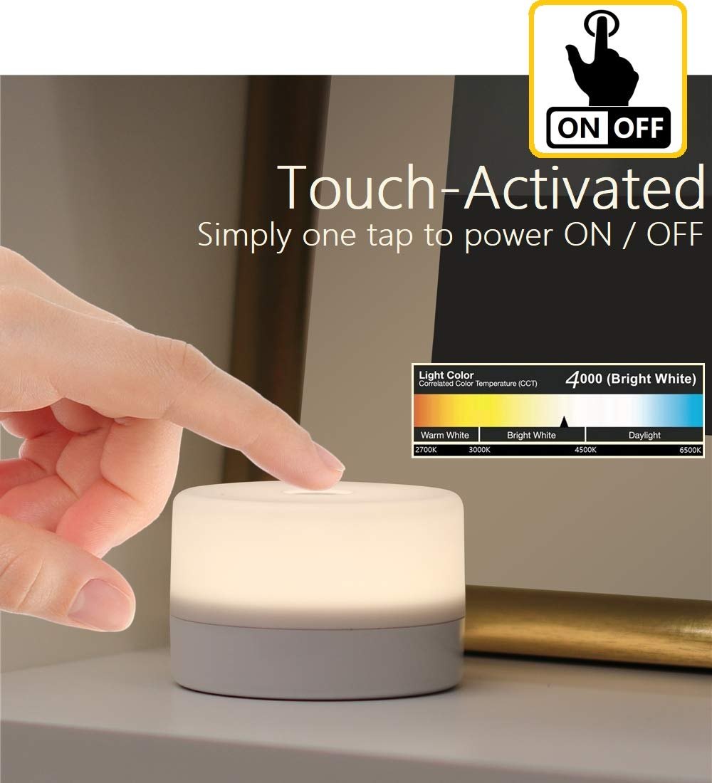 Eine Hand berührt eine kleine, weiße, berührungsaktivierte Lampe. Der Text lautet 'Touch-Activated' und 'ON/OFF'. Eine Farbtemperaturanzeige ist abgebildet.