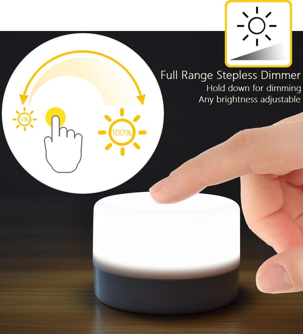 Eine Hand berührt eine dimmbare LED-Lampe. Grafiken zeigen Helligkeitsstufen. Text: Stufenloser Dimmer. Hintergrund: dunkel.