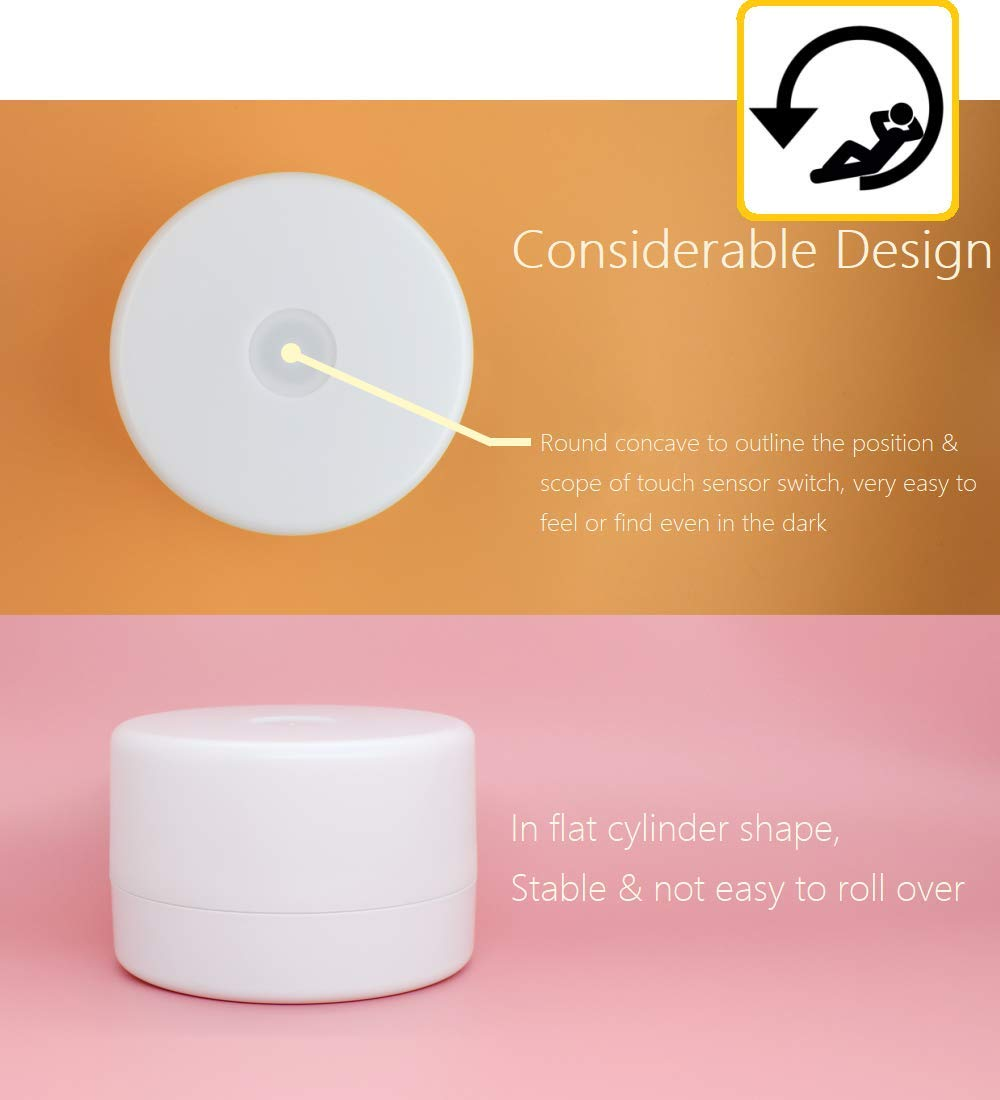 Weißes rundes Gerät auf orange-rosa Hintergrund. Text erwähnt Design und Berührungssensor. Diagramm einer entspannten Person.