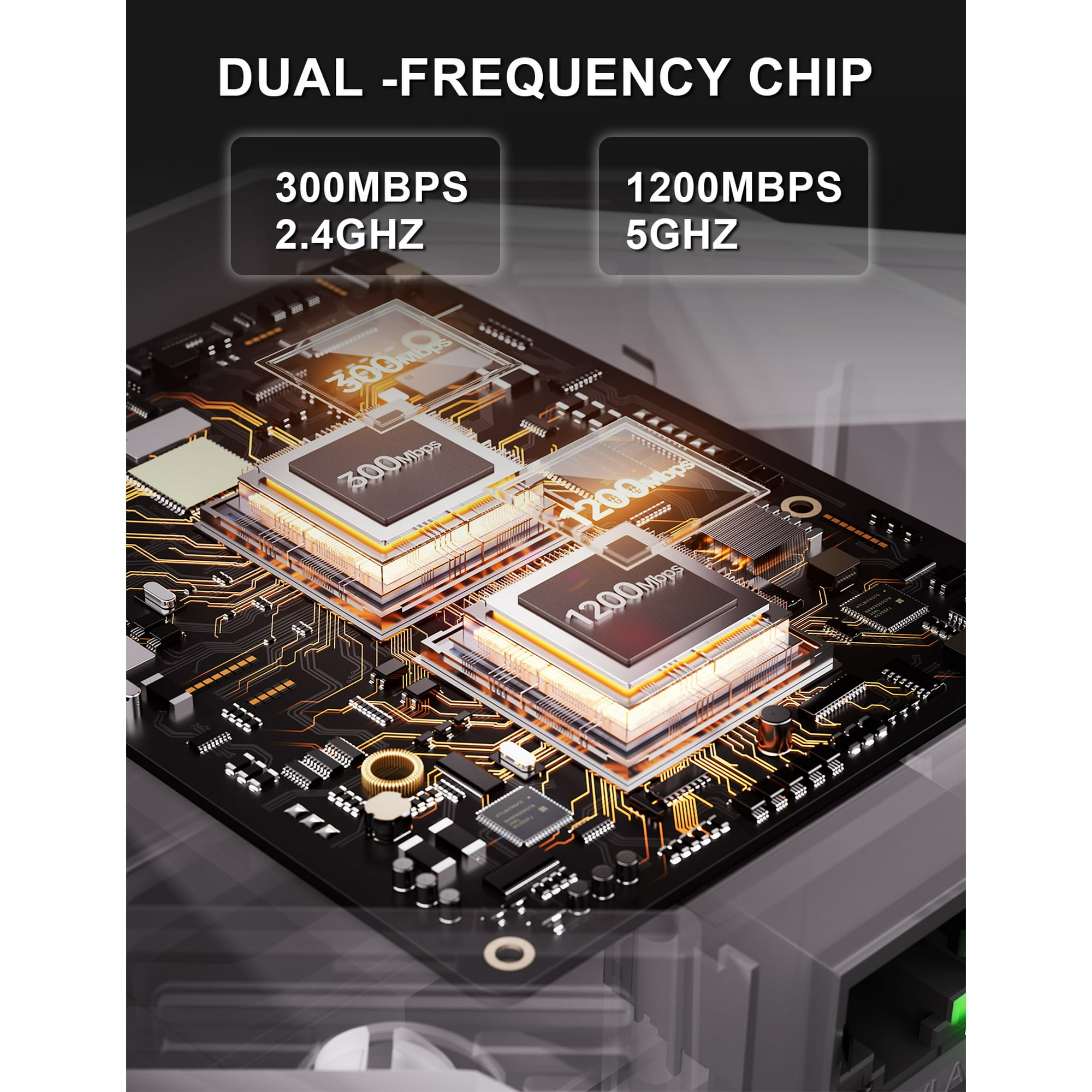 Nahaufnahme einer Leiterplatte. Zeigt Dual-Frequenz-Chip, 300Mbit/s/2,4GHz und 1200Mbit/s/5GHz. Orangefarbene Schaltung und Text.