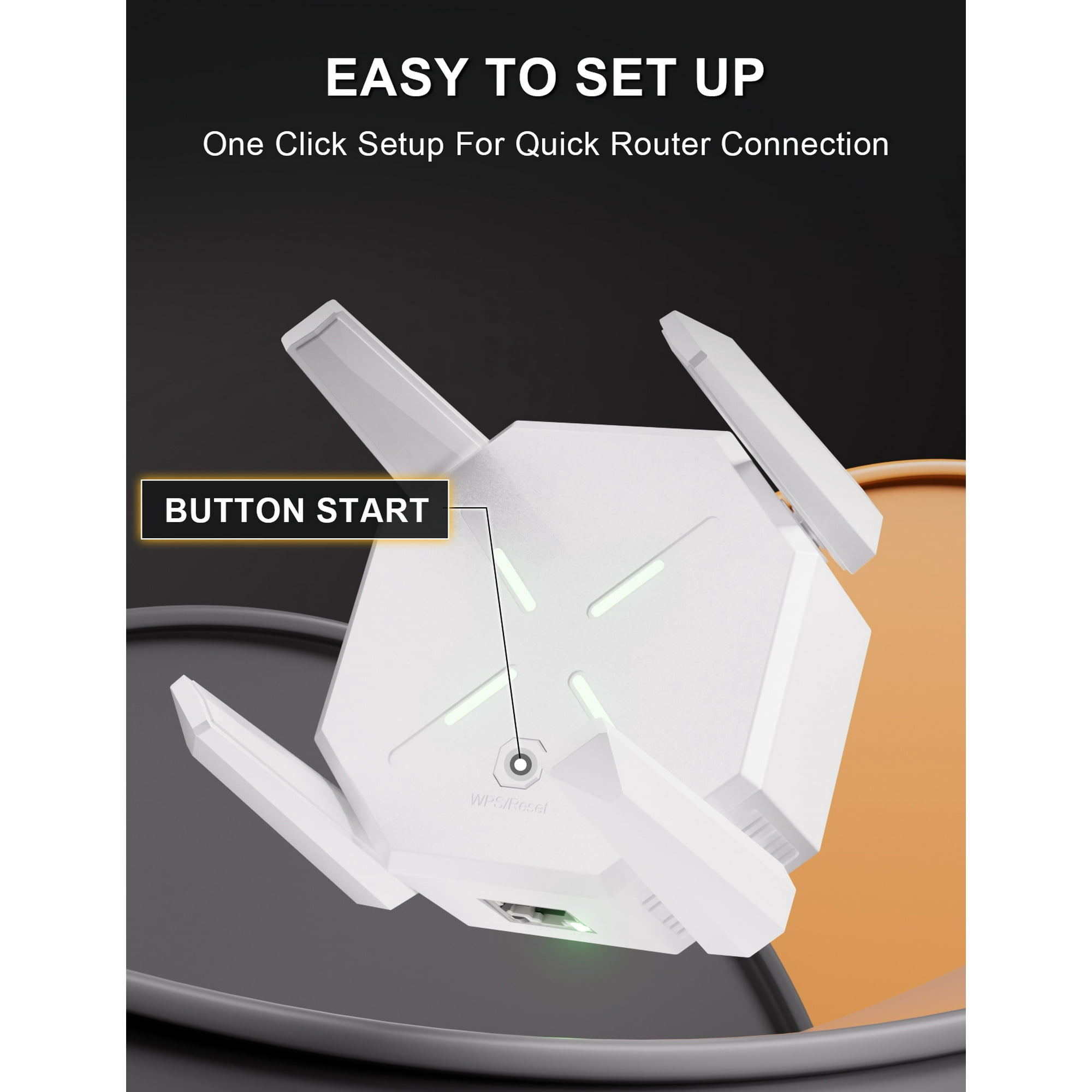 Weißer Router mit mehreren Antennen, beschriftet mit 'BUTTON START', auf dunklem Hintergrund. Text lautet 'EASY TO SET UP'.