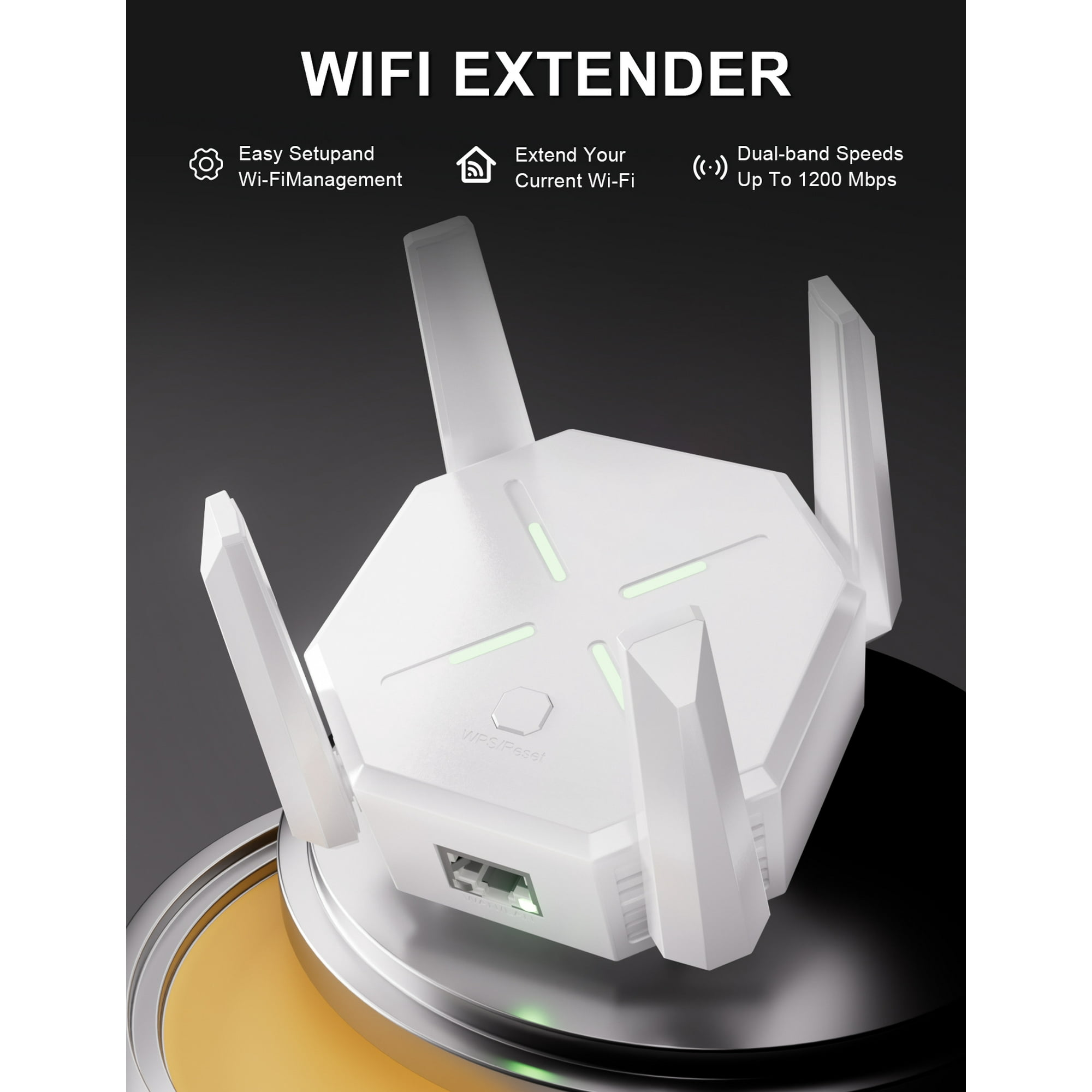 Ein weißer WLAN-Extender mit Antennen auf einer reflektierenden Oberfläche. Text: WIFI EXTENDER, einfache Einrichtung, WLAN erweitern, Dualband-Geschwindigkeit.