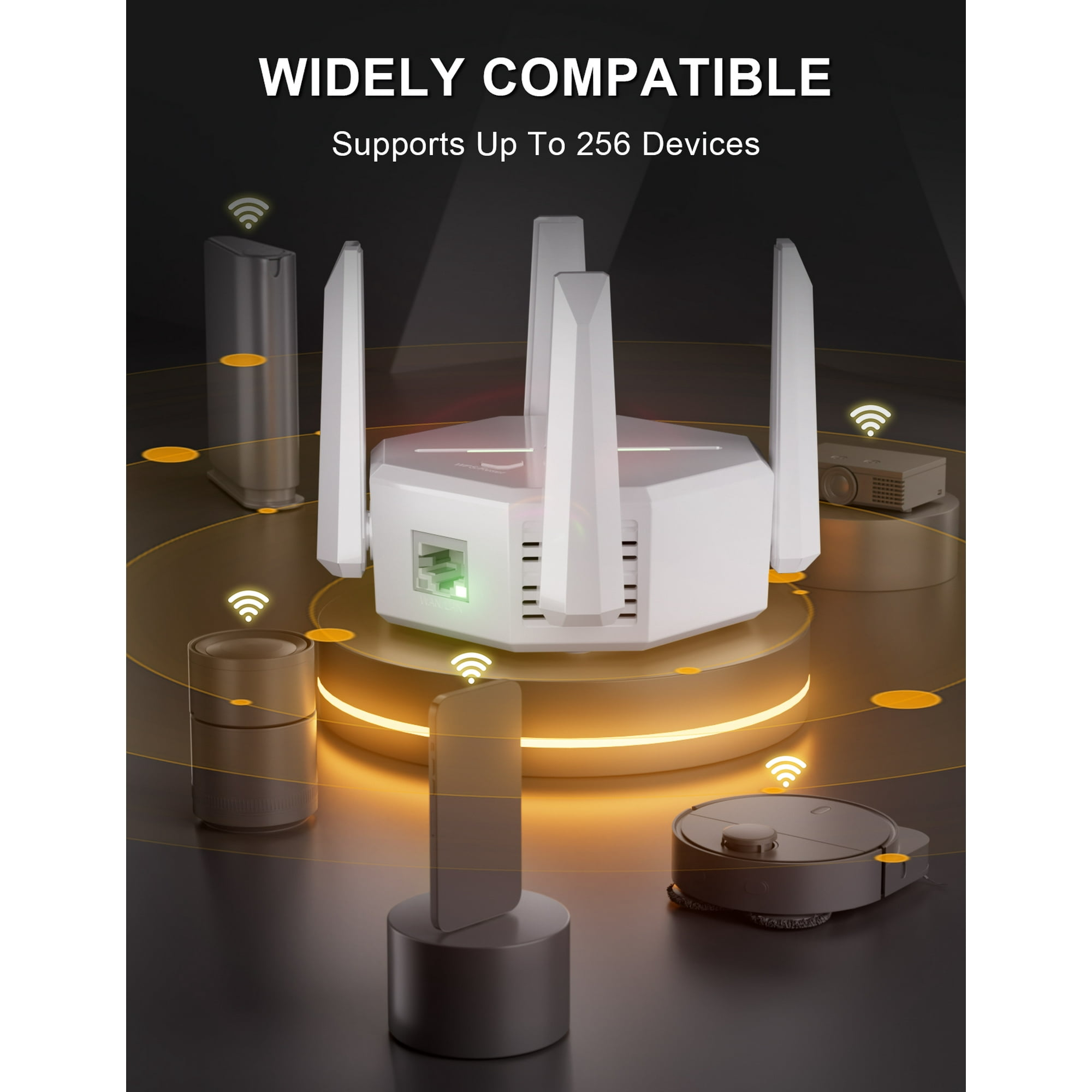 Weißer Router mit Antennen, umgeben von Geräten wie Lautsprecher, Telefon und Staubsauger, alle mit WLAN-Symbolen.