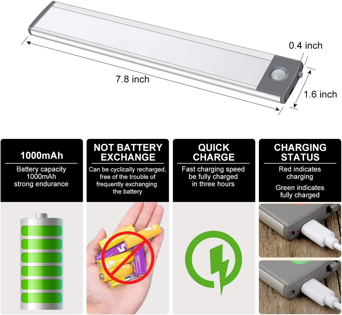 Ein silbernes LED-Licht mit Abmessungen. Enthält Batterieinformationen, keinen Batteriewechsel, Schnellladung und Ladestatus.