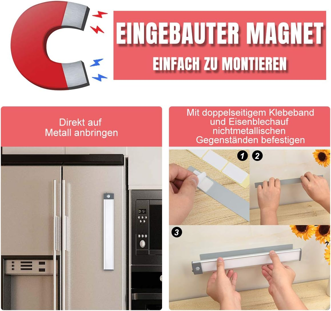 Das Bild zeigt einen Magneten und Anweisungen zur Montage eines Lichts. Zeigt Kühlschrank mit angebrachtem Licht und Schritte zur Befestigung mit Klebstoff.