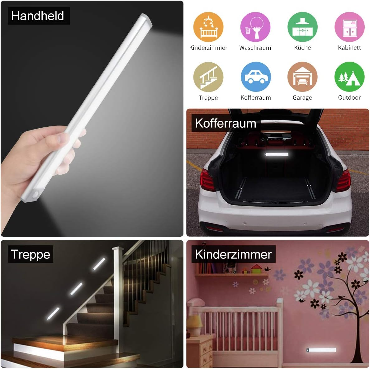 Das Bild zeigt ein weißes LED-Licht. Es wird an verschiedenen Orten demonstriert, darunter in einer Hand, im Kofferraum, auf Treppen und in einem Kinderzimmer.