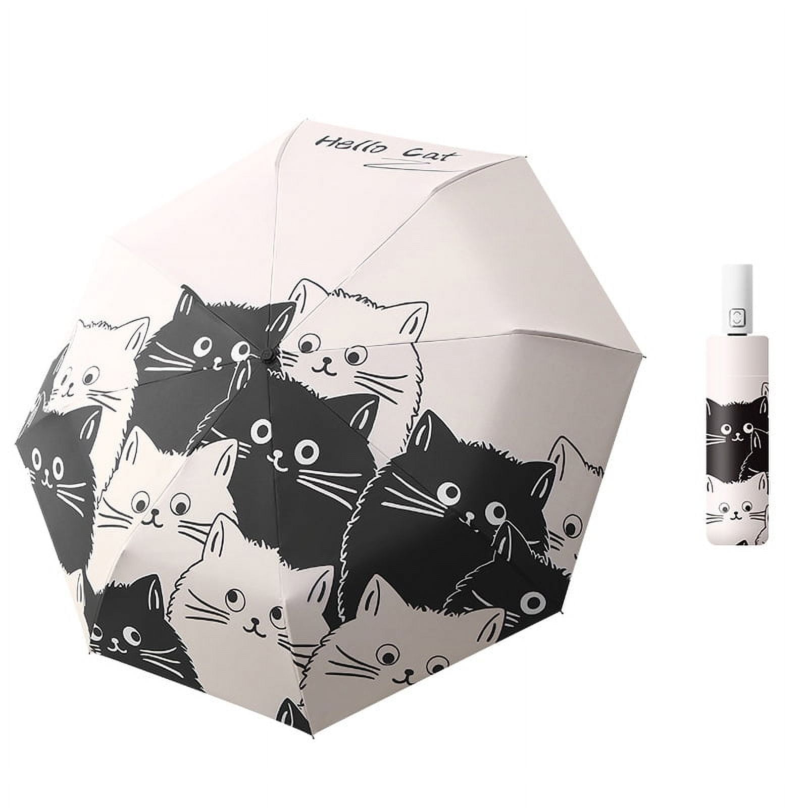 Regenschirm mit schwarz-weißen Katzen-Gesichtern. Text „Hello Cat“ auf dem Schirm. Passendes Katzenmuster am Griff.
