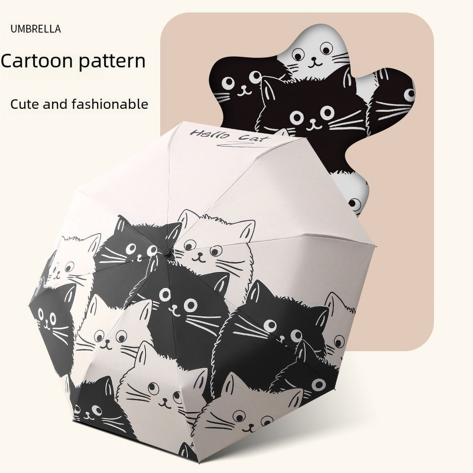 Ein Regenschirm mit einem sich wiederholenden Muster aus schwarzen und weißen Cartoon-Katzen.