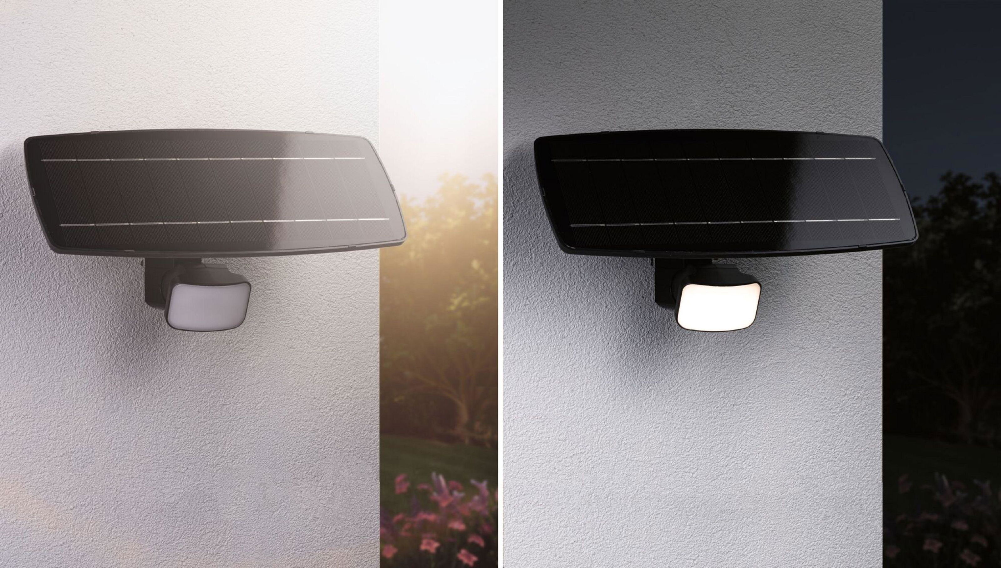 Zasilana energią słoneczną lampa bezpieczeństwa na teksturowanej ścianie. Ma panel słoneczny i jasne światło LED. Tło to ogród.