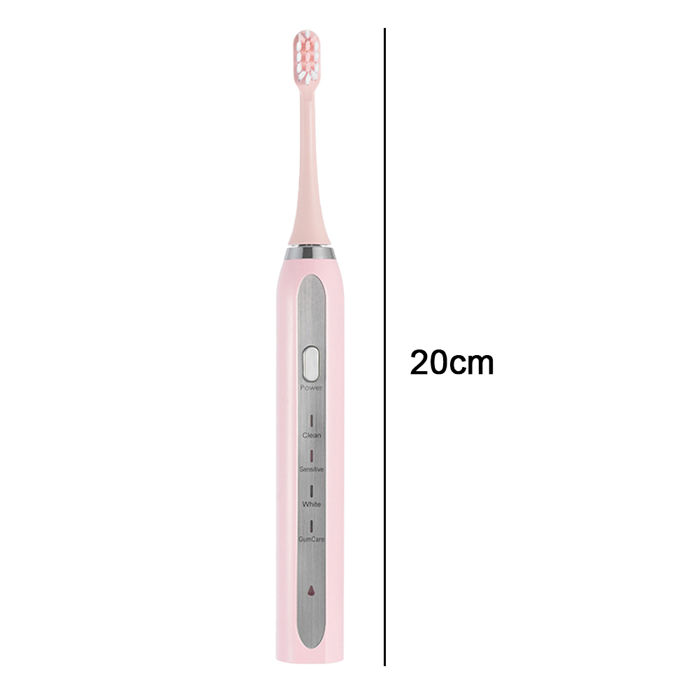 Eine rosa elektrische Zahnbürste mit weißem Kopf. Es hat Tasten für Leistung, sauber, empfindlich, weiß und Zahnfleischpflege. Eine schwarze Linie zeigt 20 cm an.