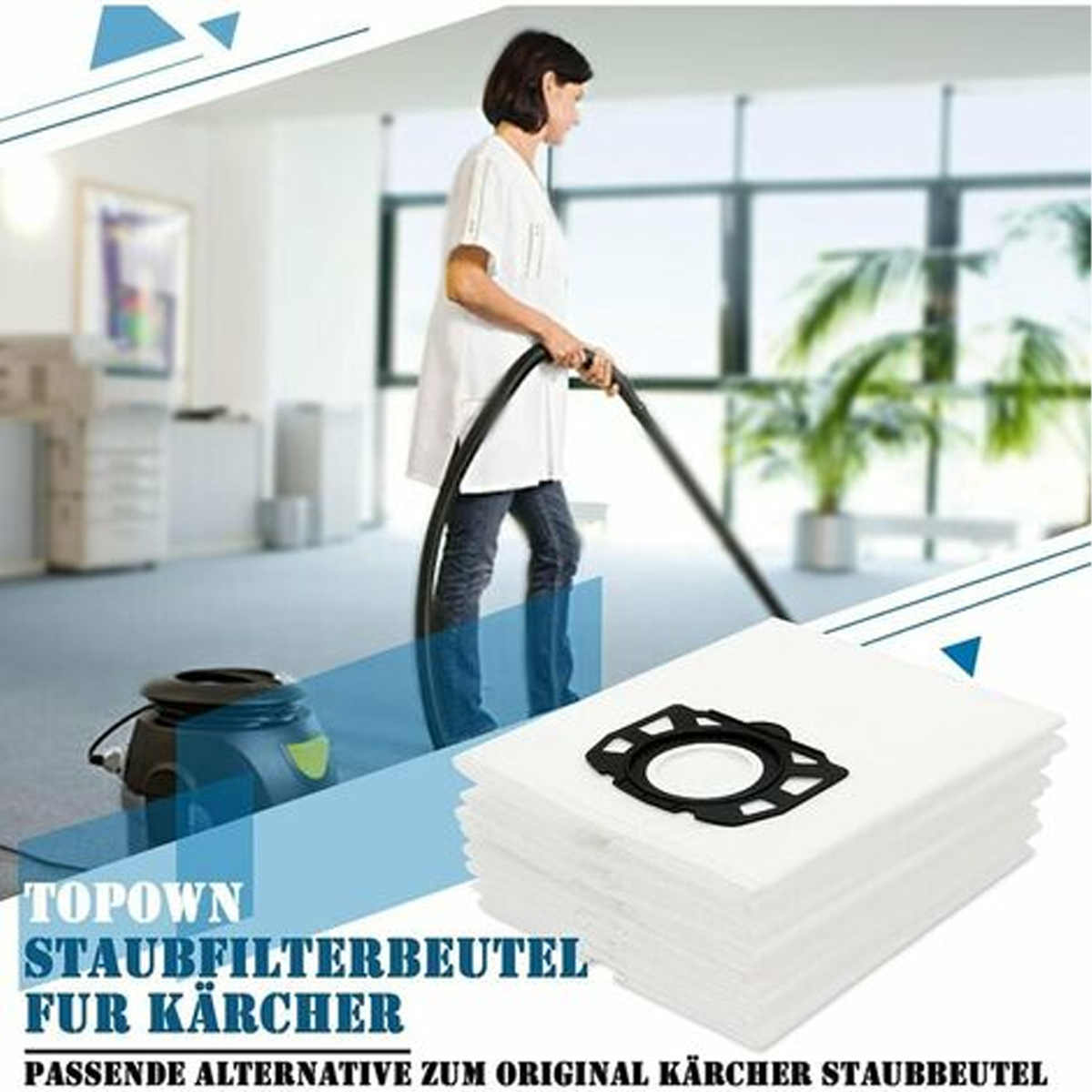 Eine Frau saugt einen Raum. Im Vordergrund ein Stapel Staubsaugerbeutel. Text unten wirbt für die Beutel.