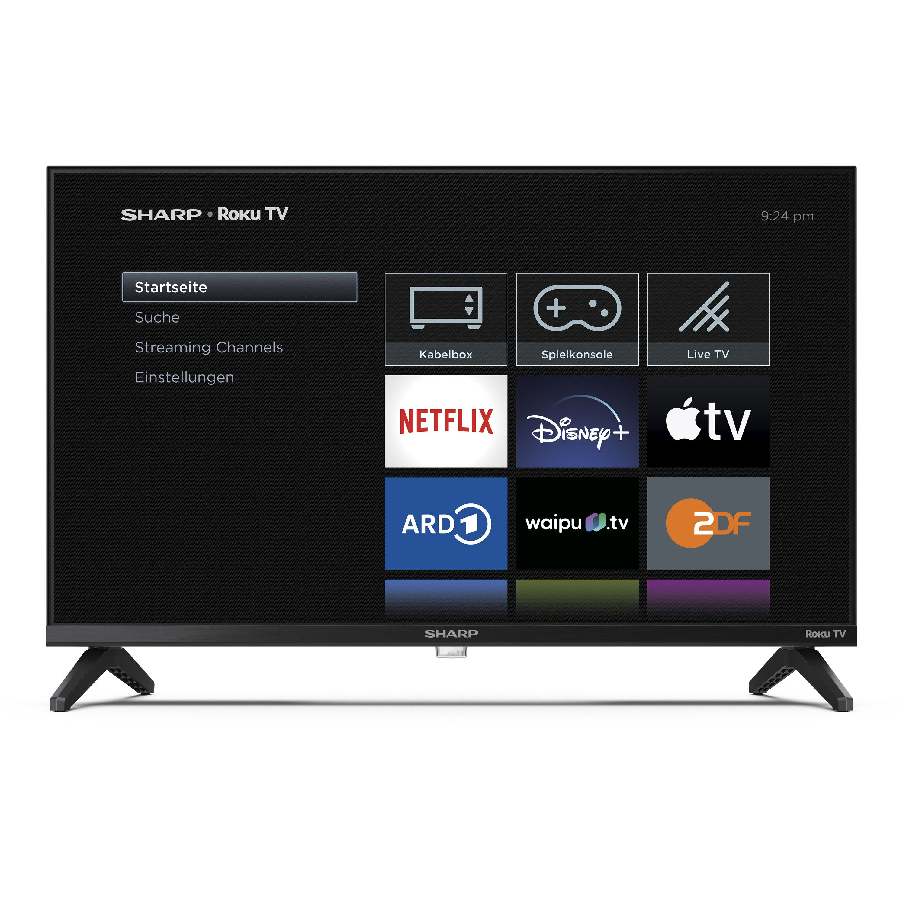 Ein Sharp Roku TV zeigt ein Menü mit App-Symbolen wie Netflix und Disney+ sowie Optionen wie Startseite.