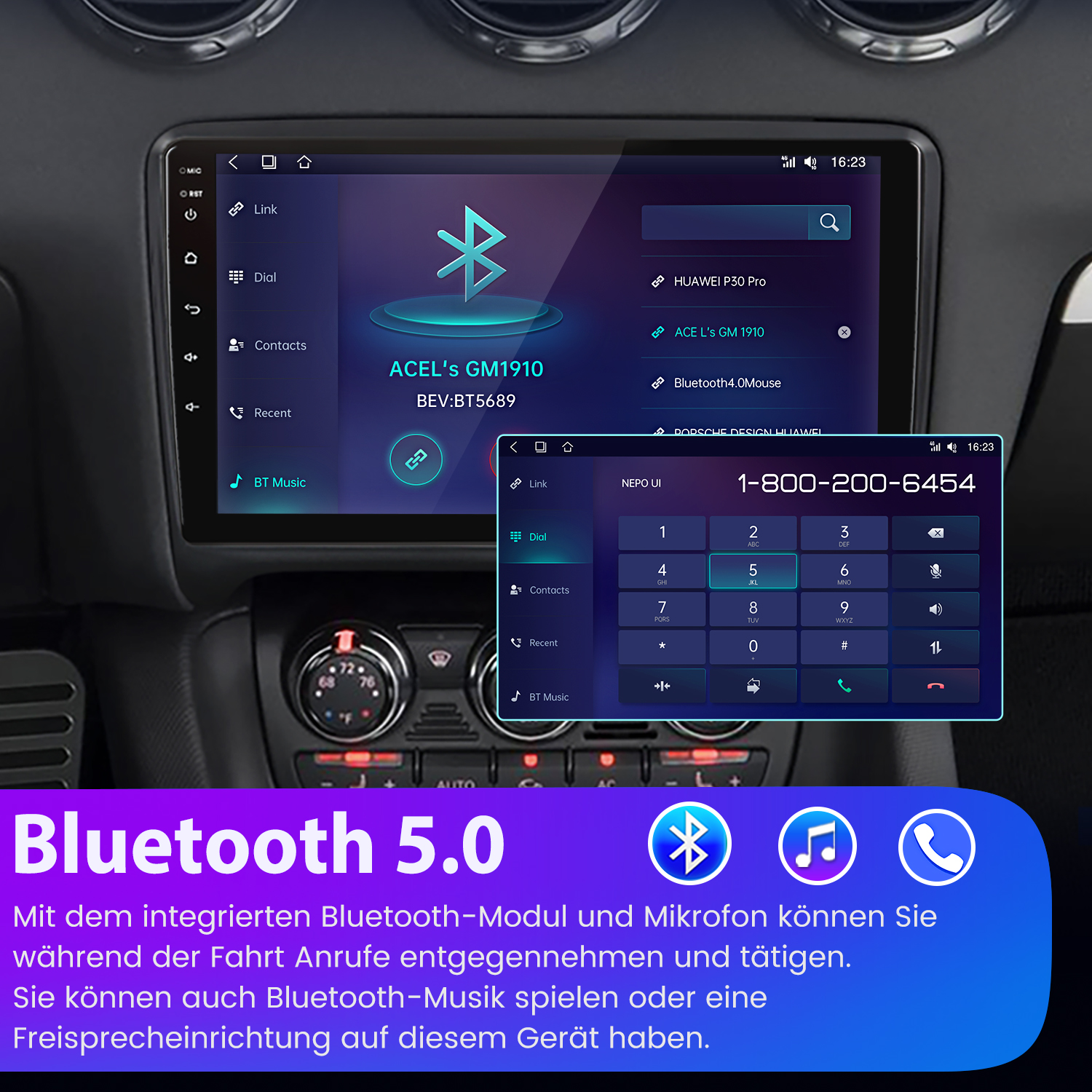 Autoradio-Bildschirm mit Bluetooth-Optionen, einschließlich Wählfunktion, Kontakte und Musiksteuerung, mit Bluetooth 5.0 Logo.
