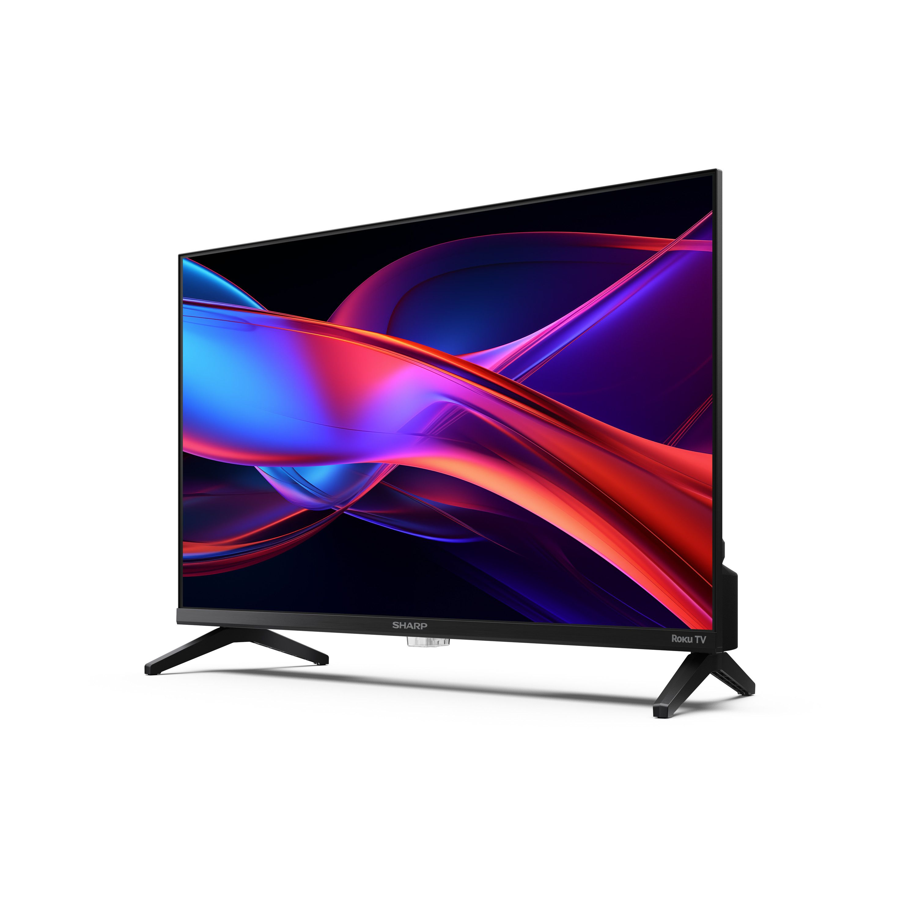 Ein Sharp Roku TV auf weißem Hintergrund. Der Bildschirm zeigt ein farbenfrohes abstraktes Bild. Der Fernseher hat schwarze Beine.