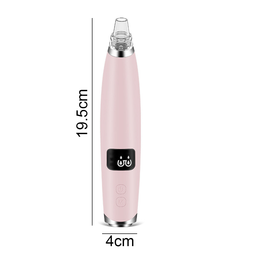 Ein rosafarbener Gesichtsreiniger. Er hat eine durchsichtige Spitze, ein digitales Display und zwei Knöpfe. Die Abmessungen betragen 19,5 cm Länge und 4 cm Breite.